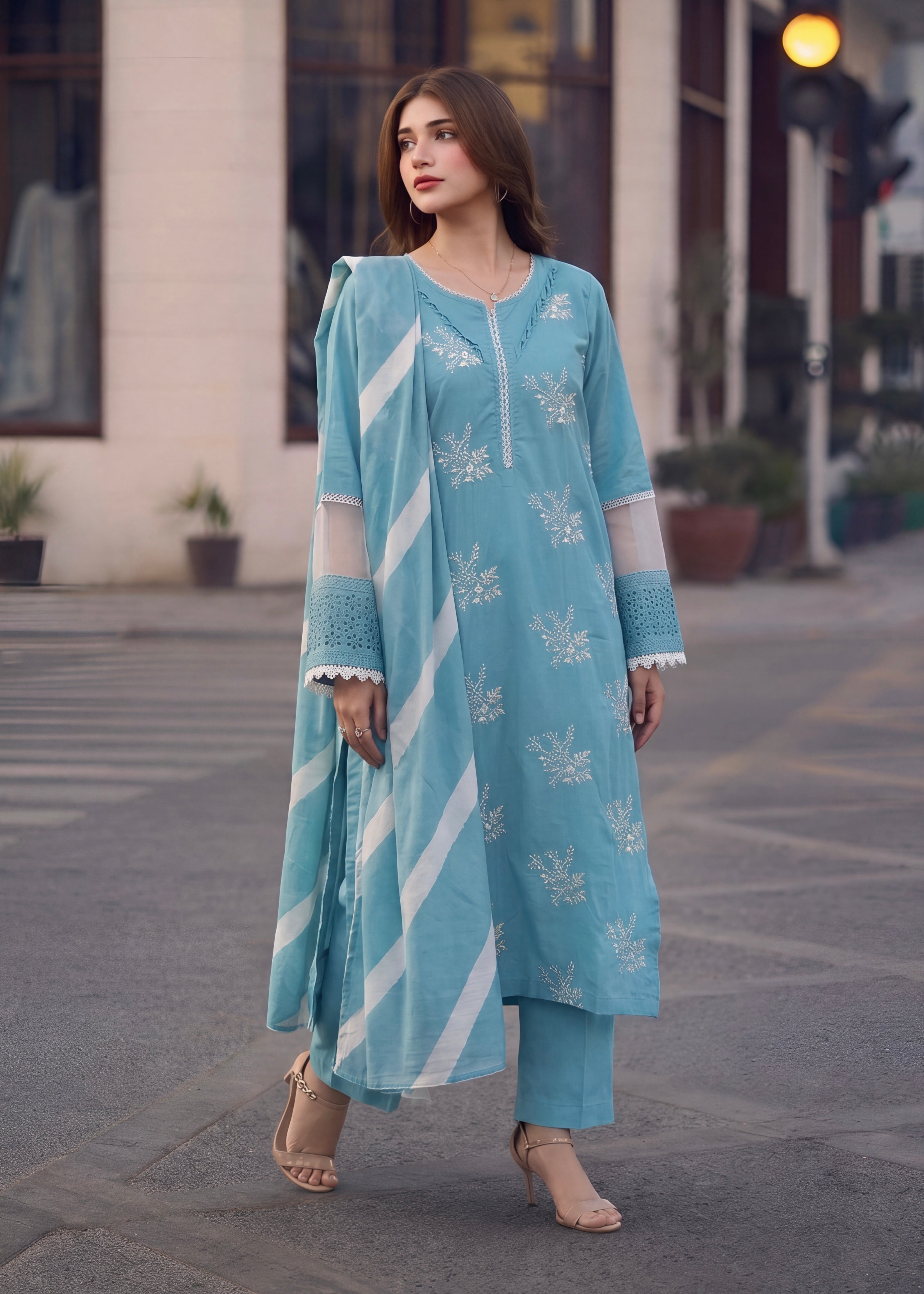 linen Kurta Set in Sky blue