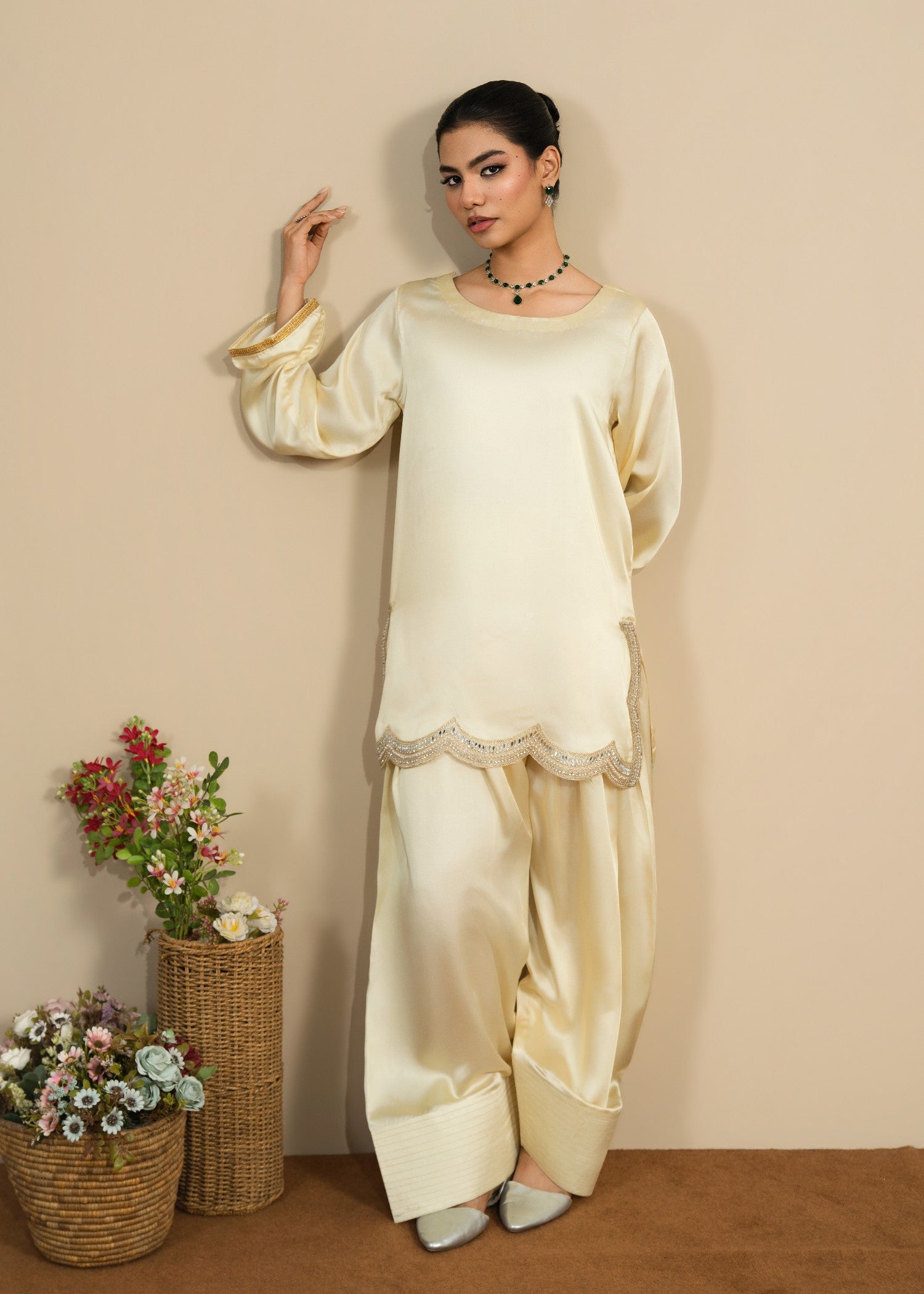 silk Kurta Set in Pale yellow