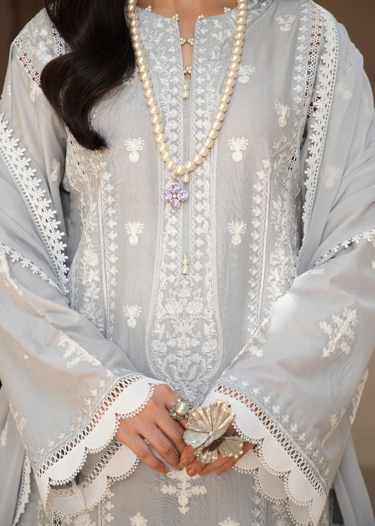 lawn Kurta Set in Ash grey, silver