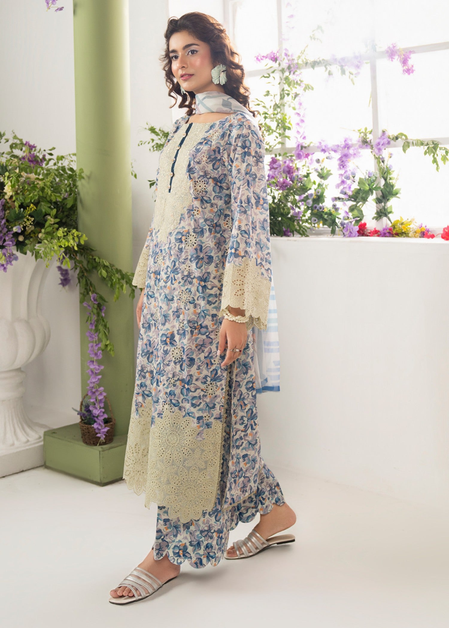 lawn cotton Kurta Set in Sky blue, linen