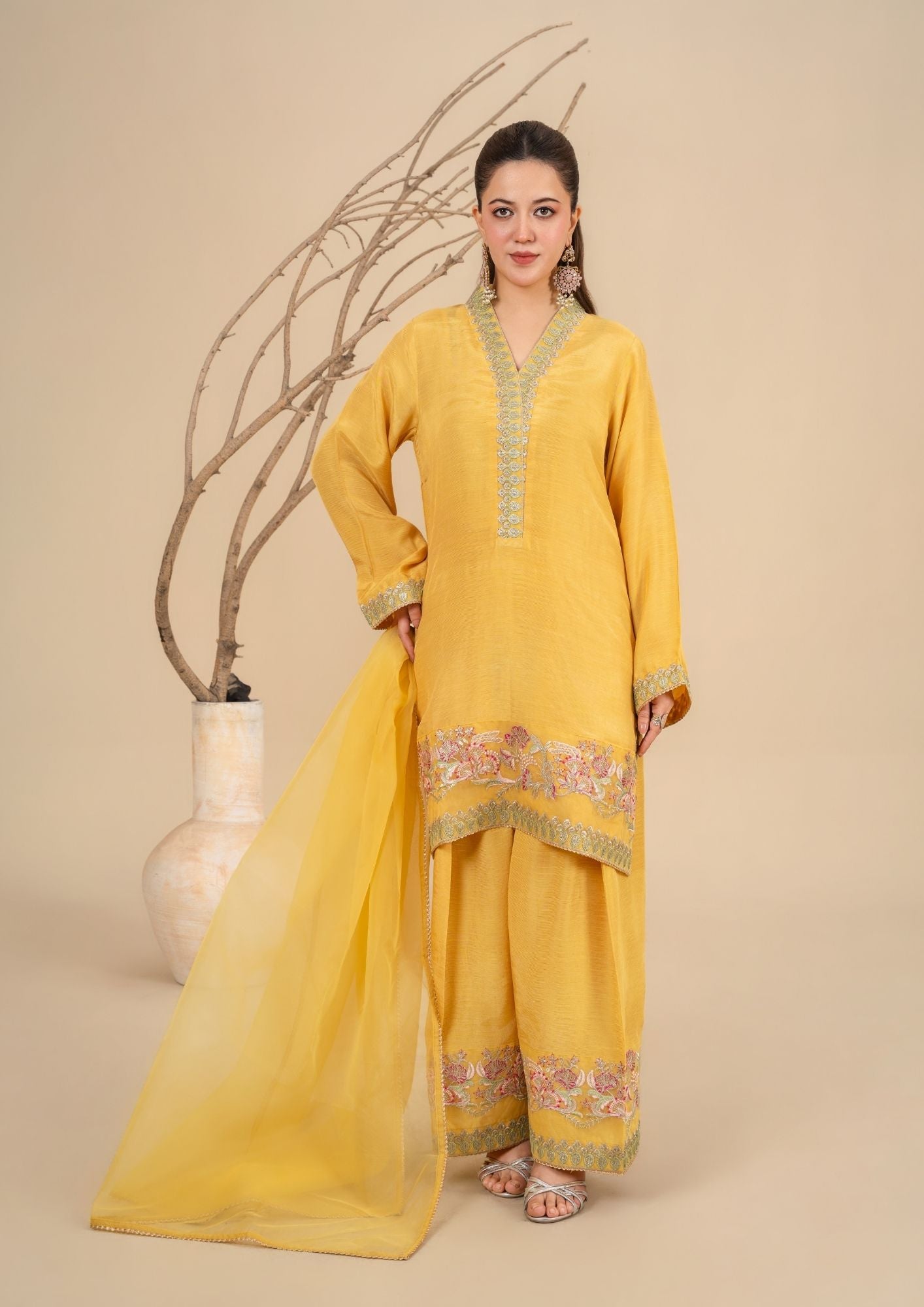 viscose raw silk Kurta Set in Lemonade