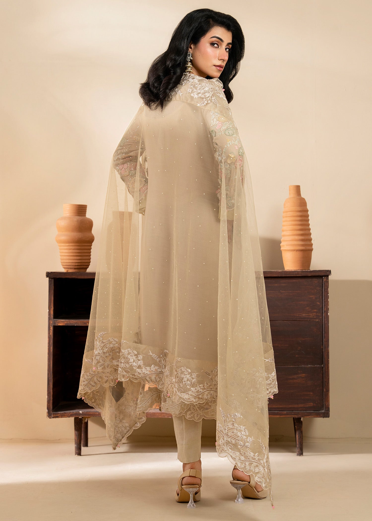 chiffon Kurta Set in Tan brown