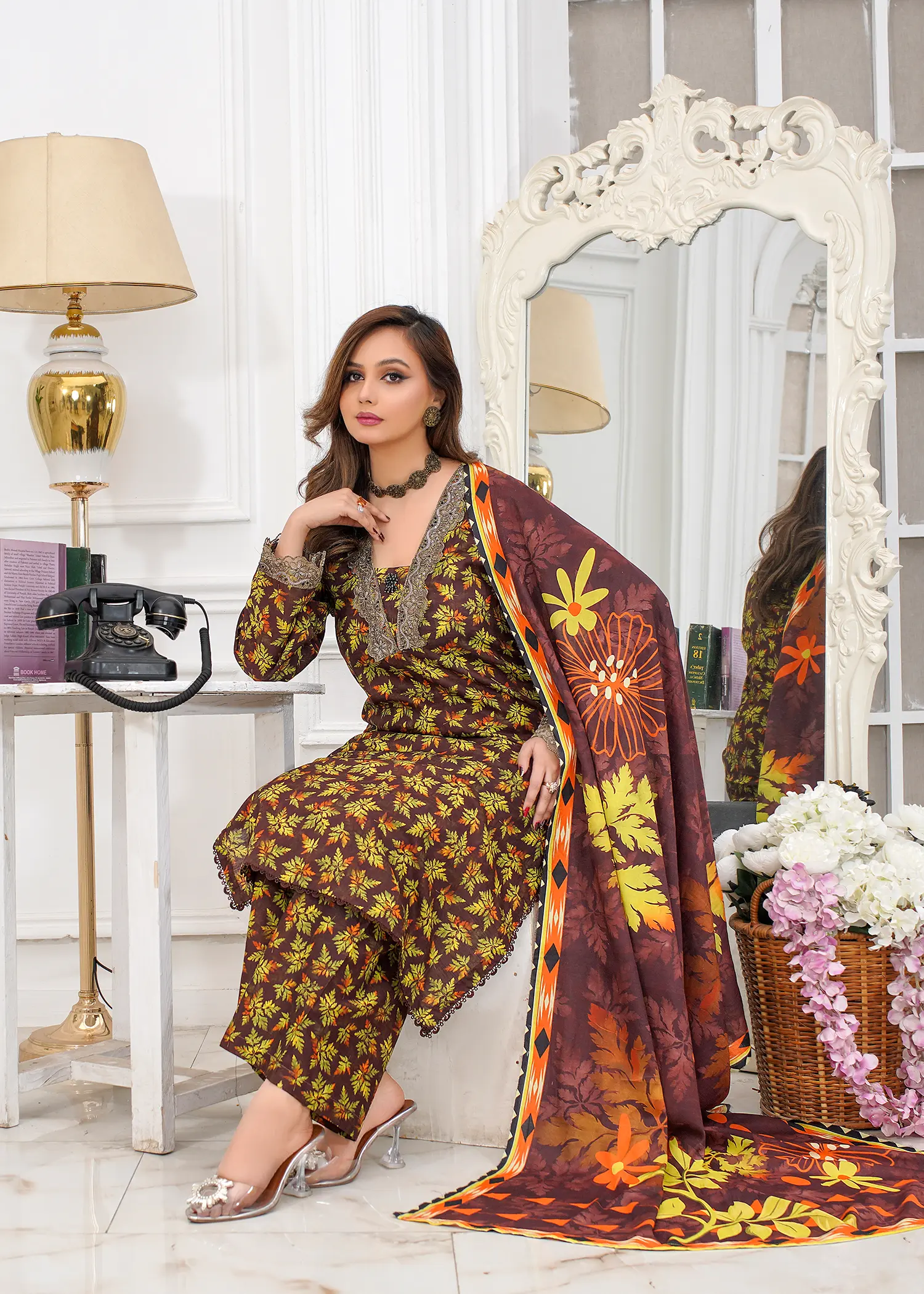 lawn Kurta Set in Cinnamon brown