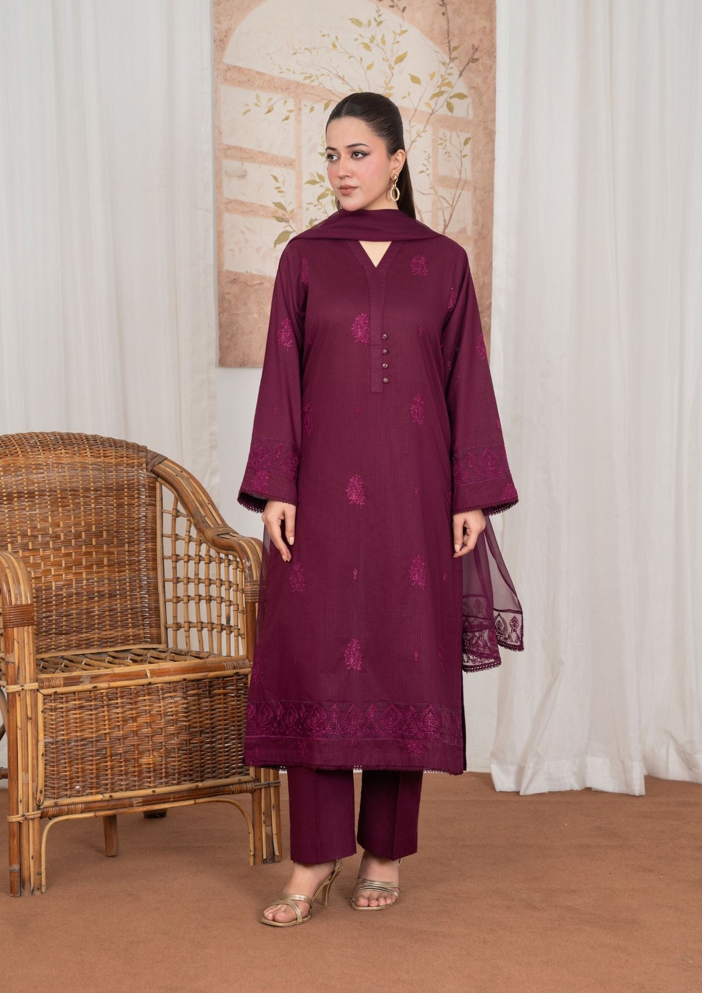lawn Kurta Set in Wine red