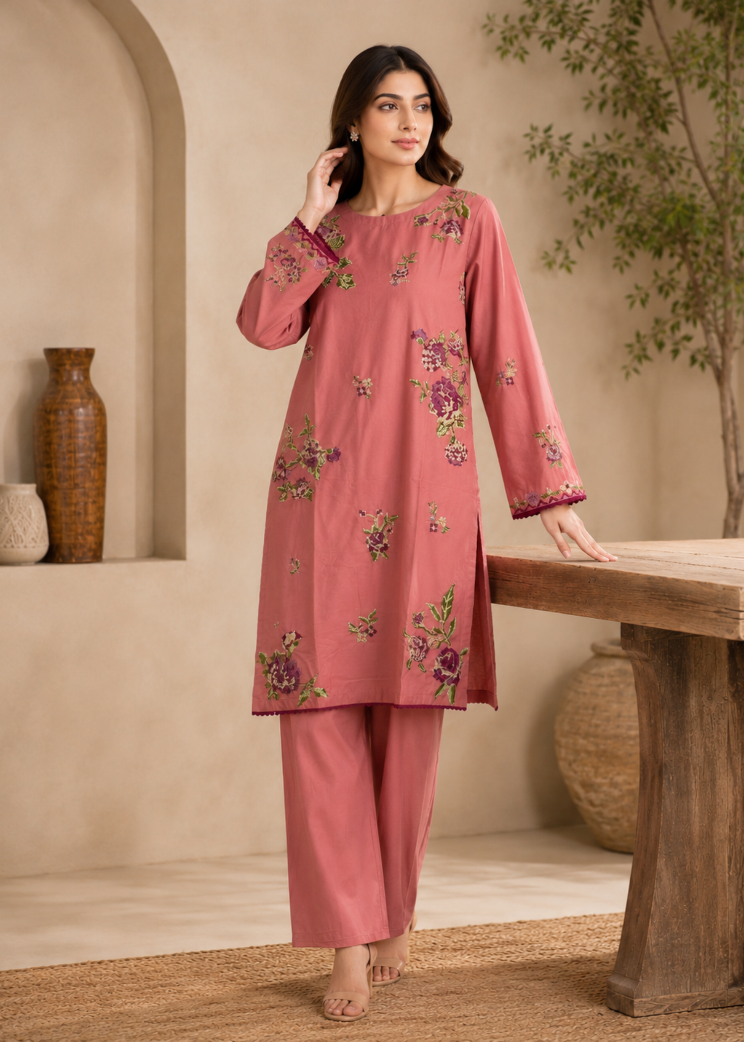 lawn Kurta Set in Salmon