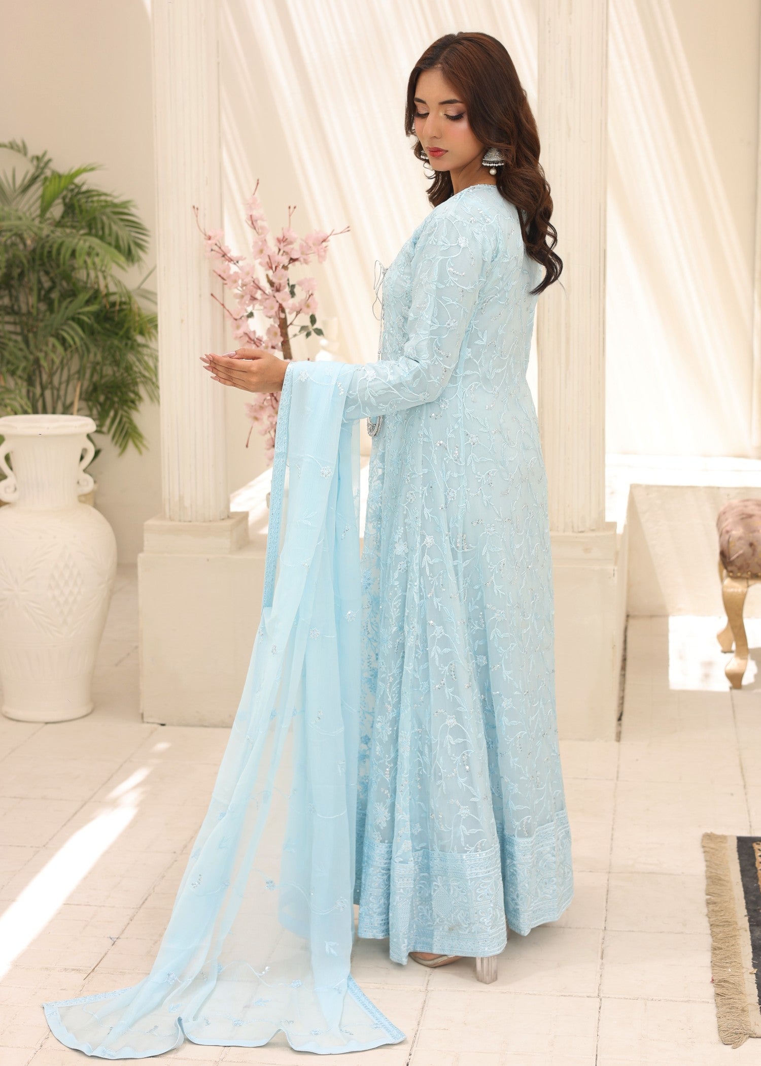 bemberg crinkle chiffon Angrakha in Ice blue