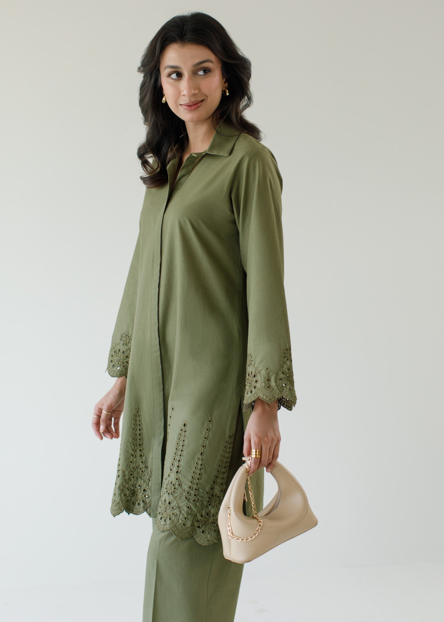 schiffli Co Ord Sets in Olive green