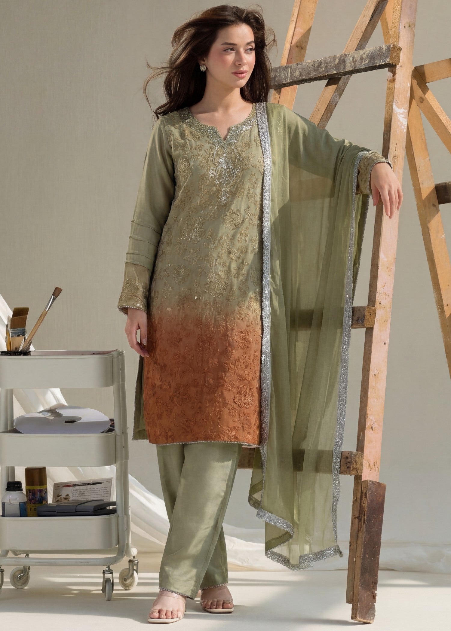 khaddi net Kurta Set in Sage green