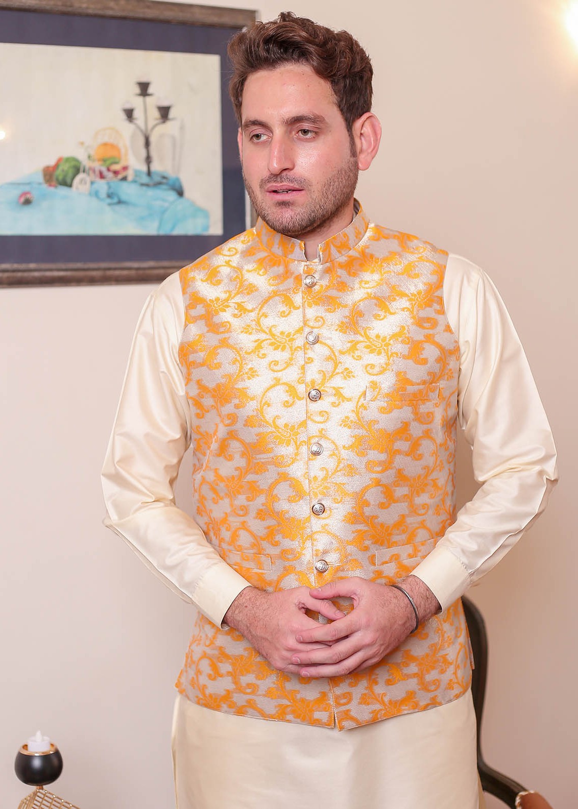 banarsi silk Waistcoat in Yellow