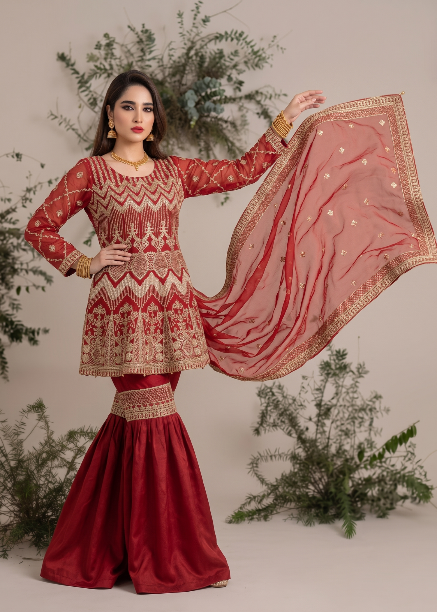 organza Gharara in Red