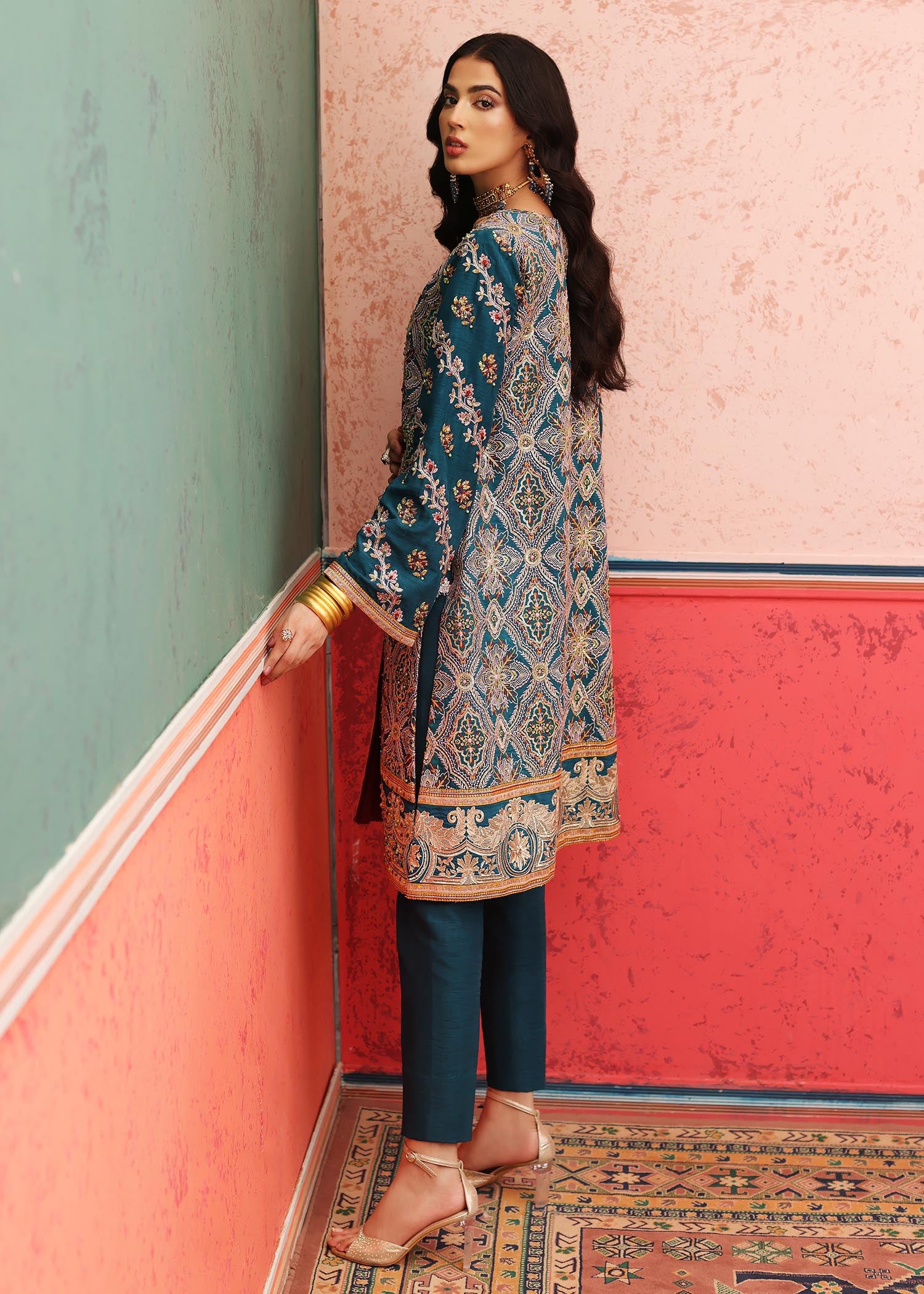 raw silk Kurta Set in Teal