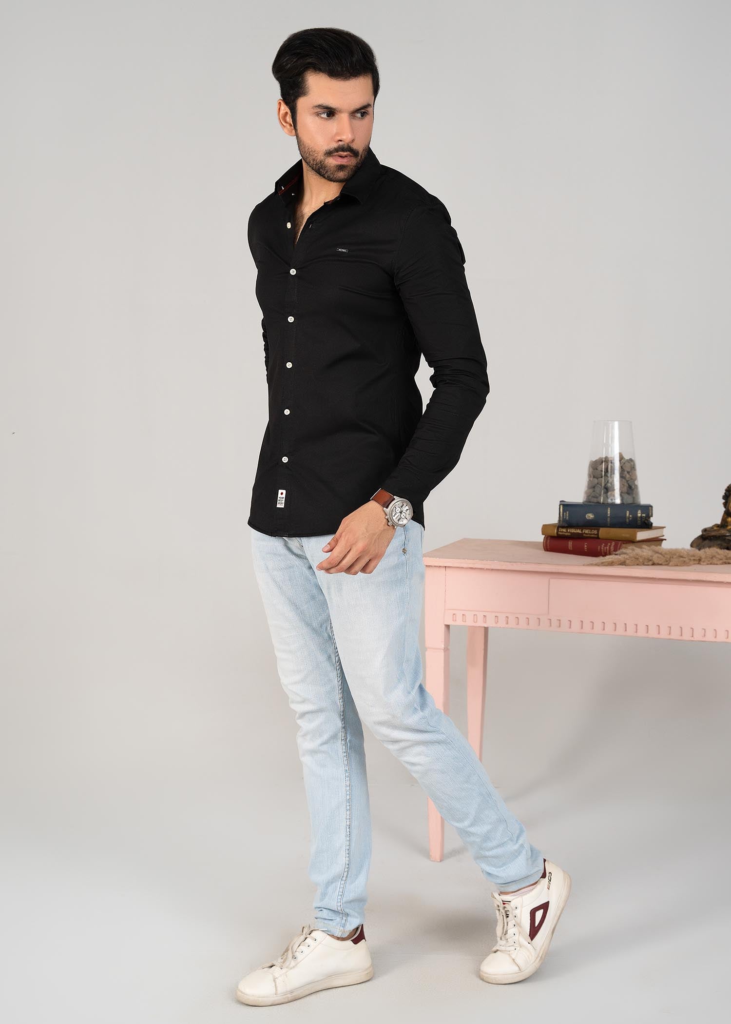 spandex Casual Shirt in Black by Pinstripe
