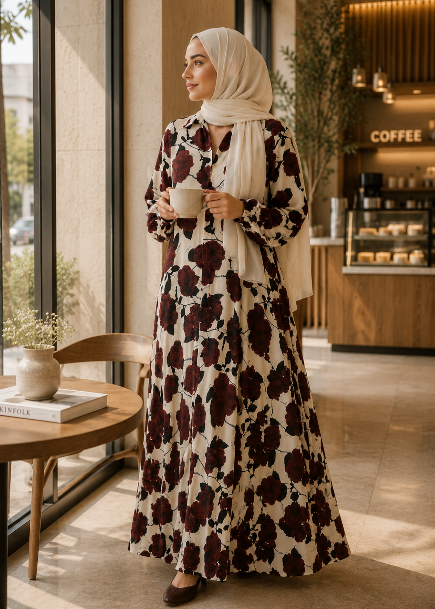 lawn Abaya in Ivory, burgundy