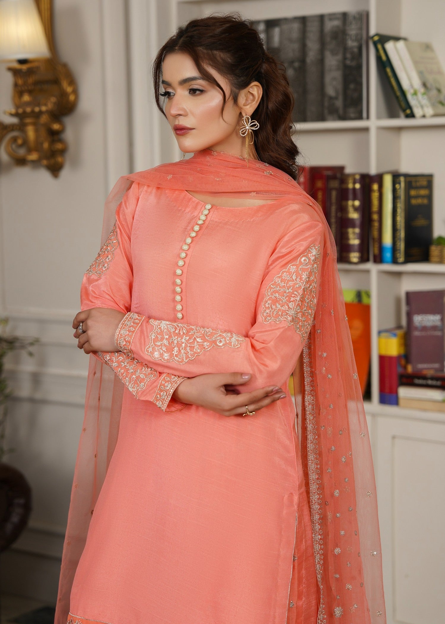 raw silk Sharara in Peach pink