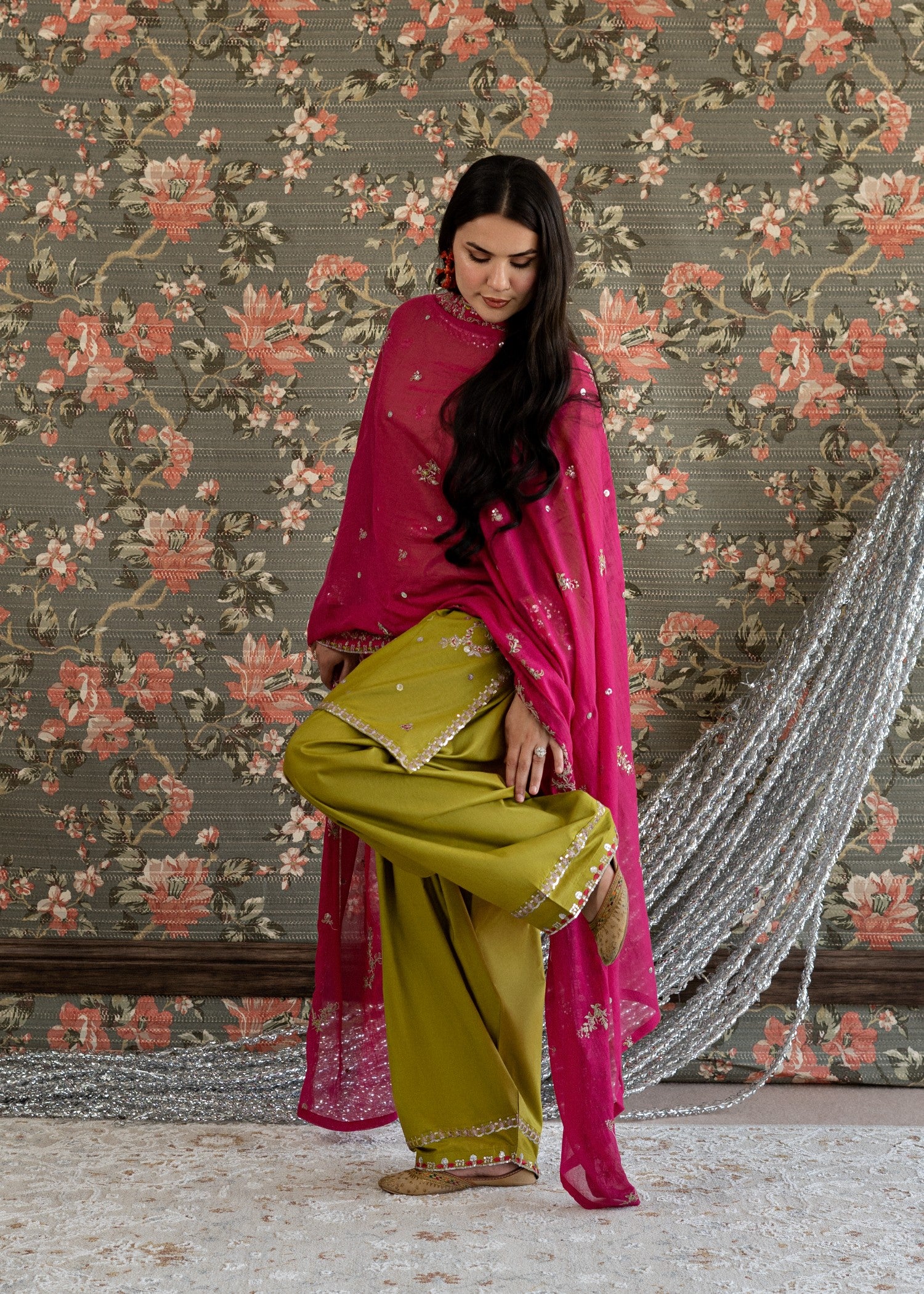 lawn Kurta Set in Shocking pink, olive green