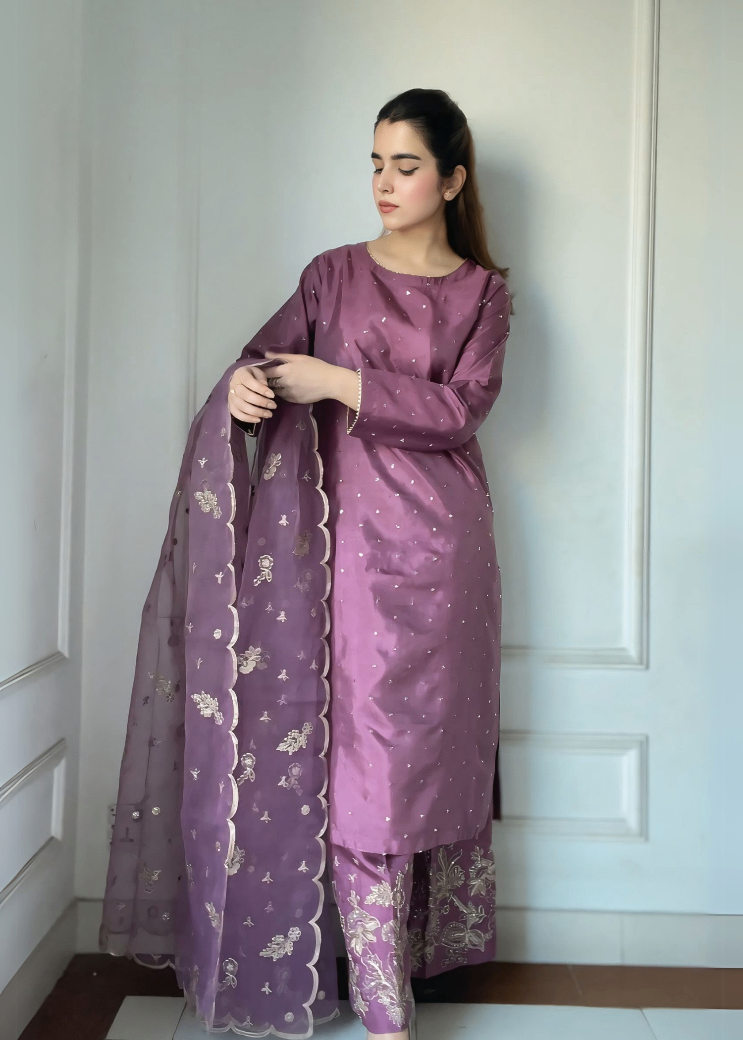 silk Kurta Set in Mauve
