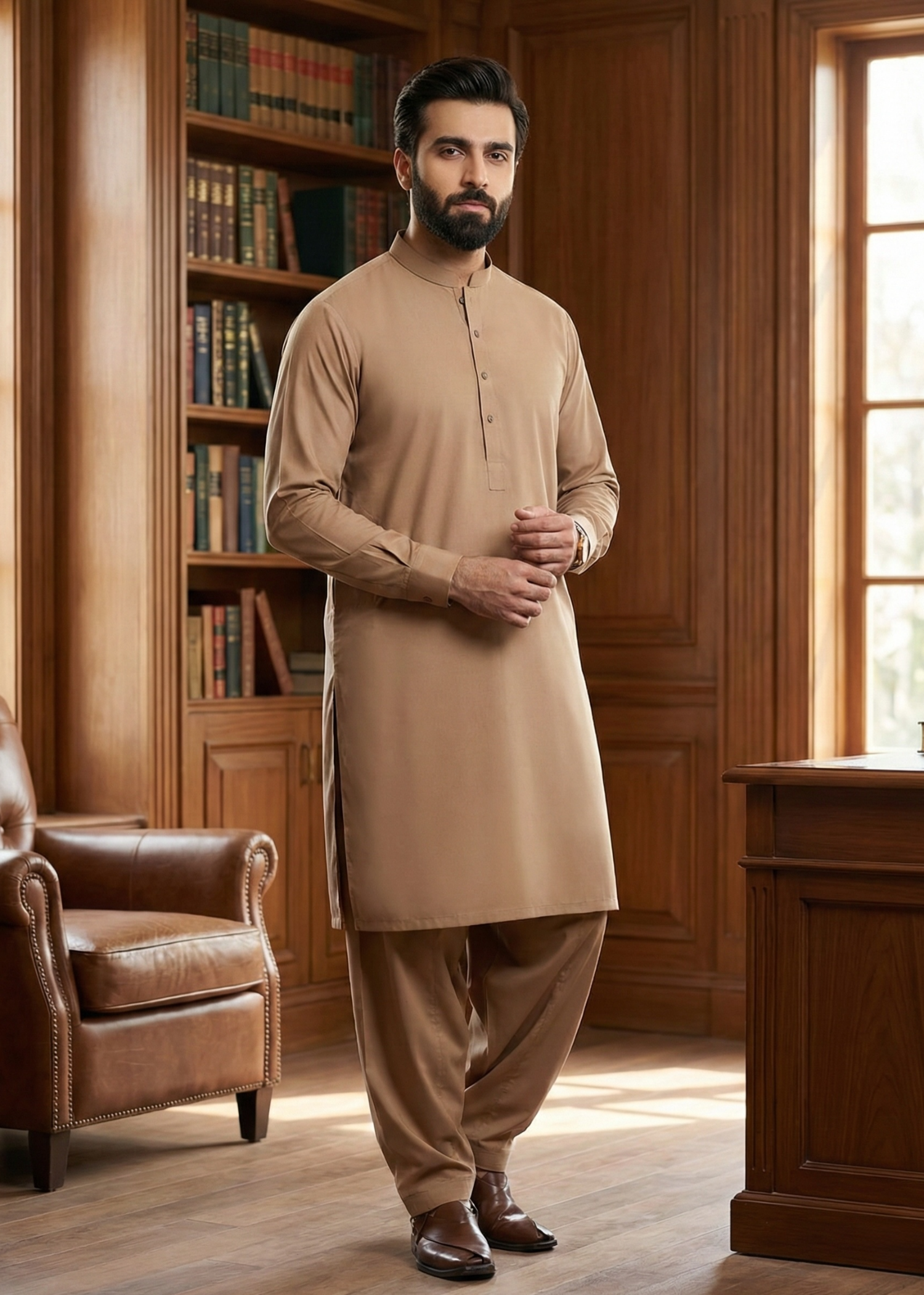 wash & wear Shalwar Kameez in Sand brown by Dot N Dot