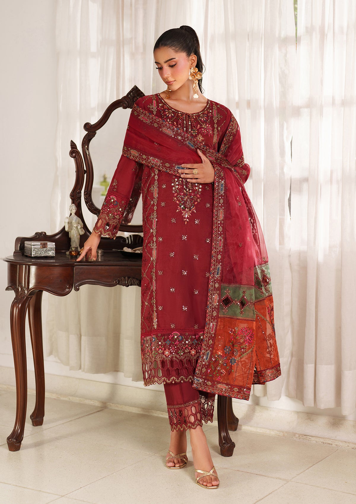 organza Kurta Set in Red