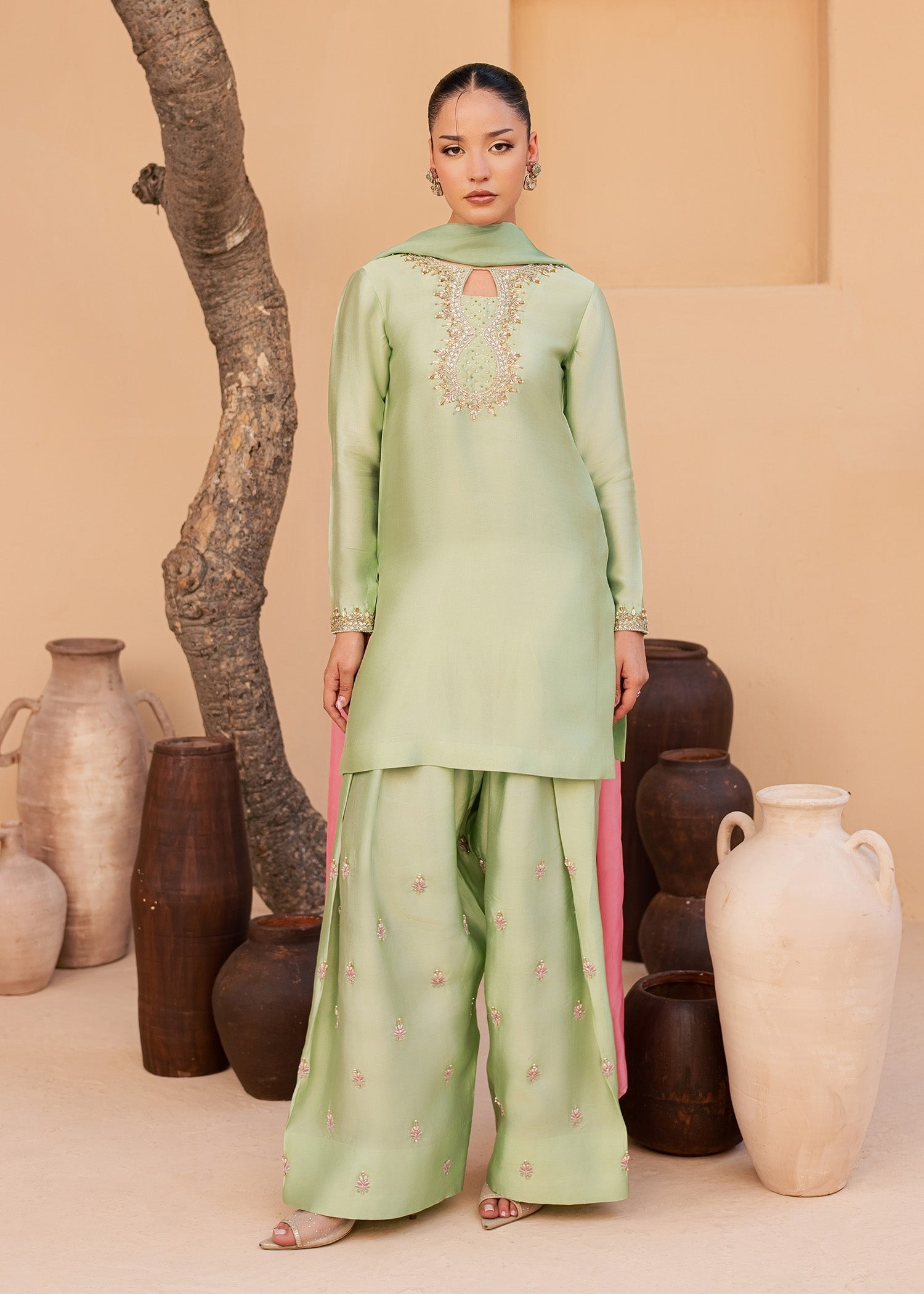 tussar silk Kurta Set in Mint green
