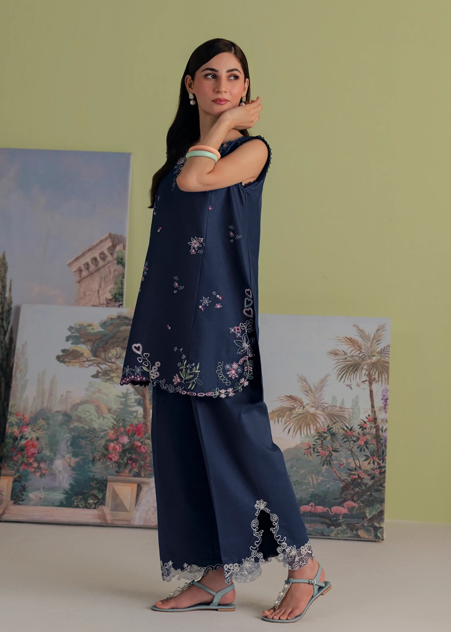 lawn cotton Kurta Set in Midnight blue
