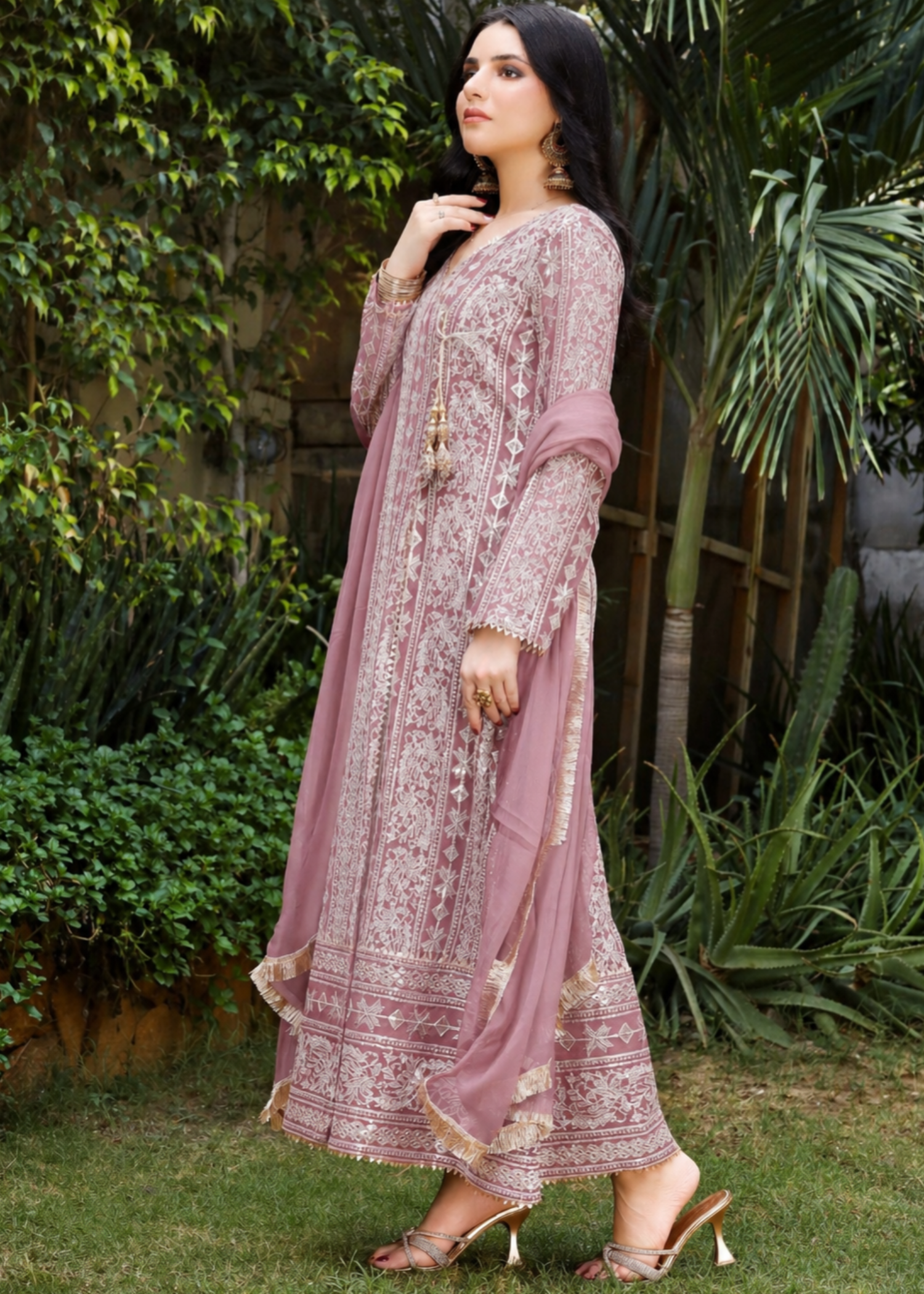 chiffon Angrakha in Melon pink