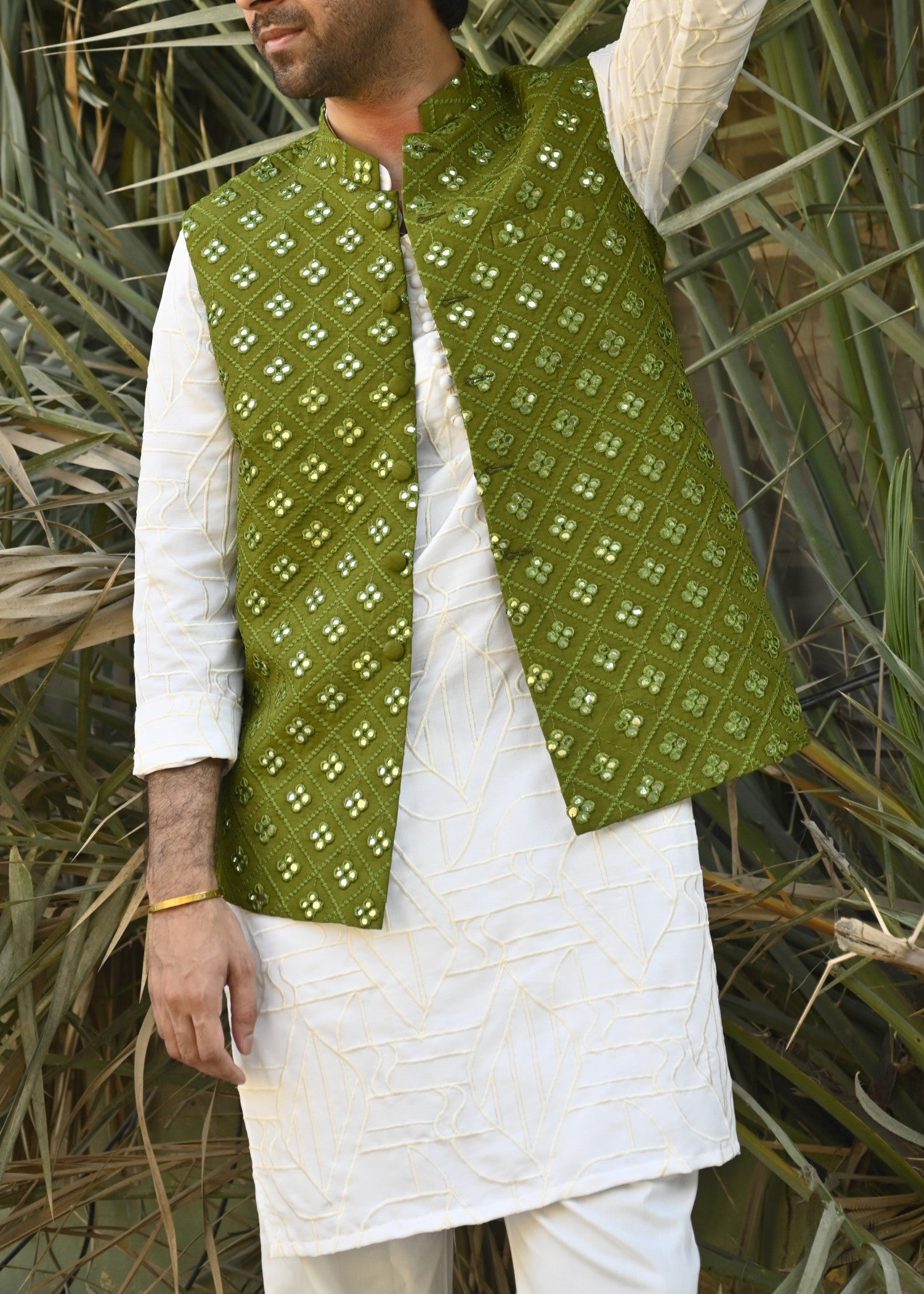 raw silk Waistcoat in Green by HK Fashion