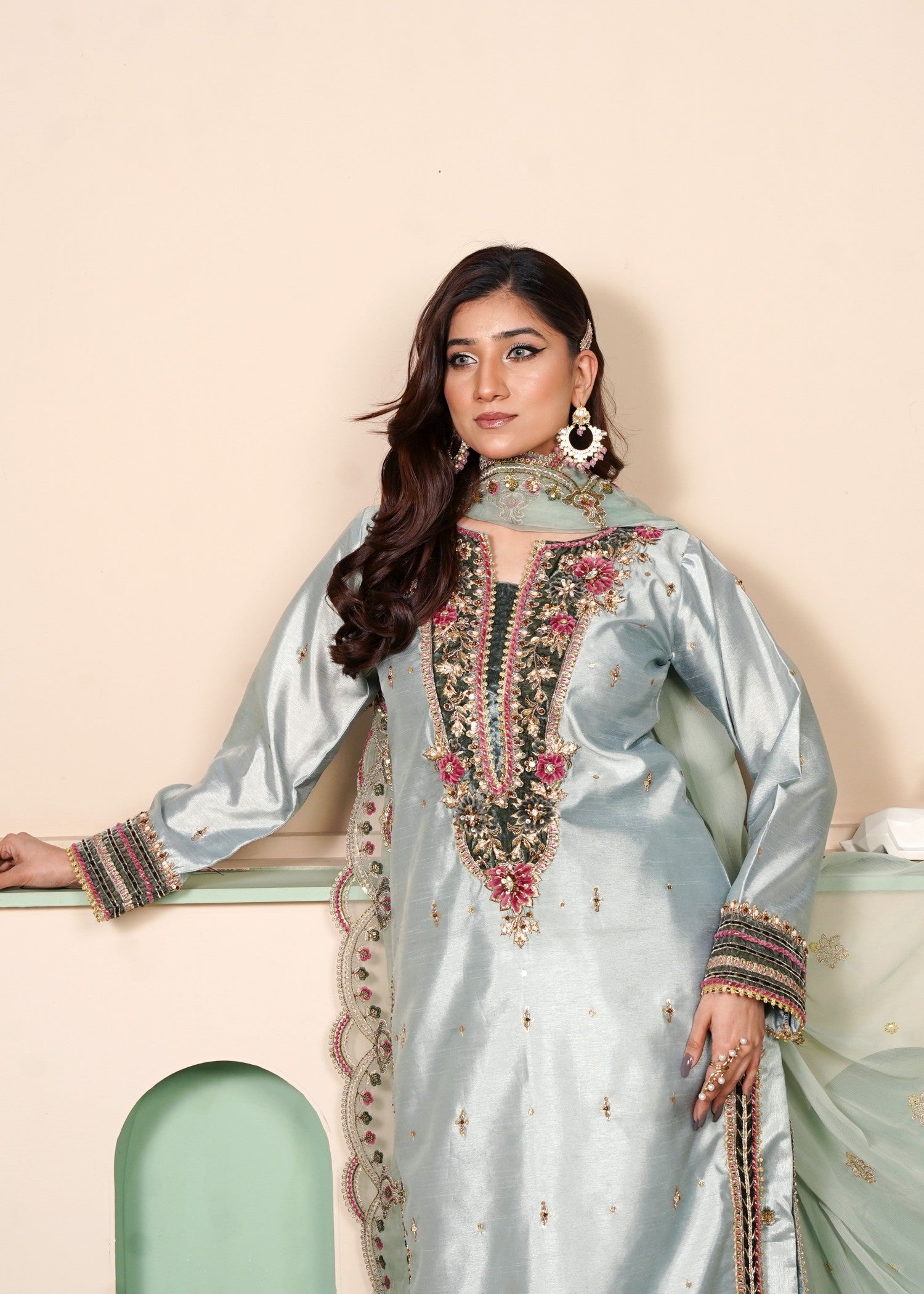 tussar silk Kurta Set in Light blue