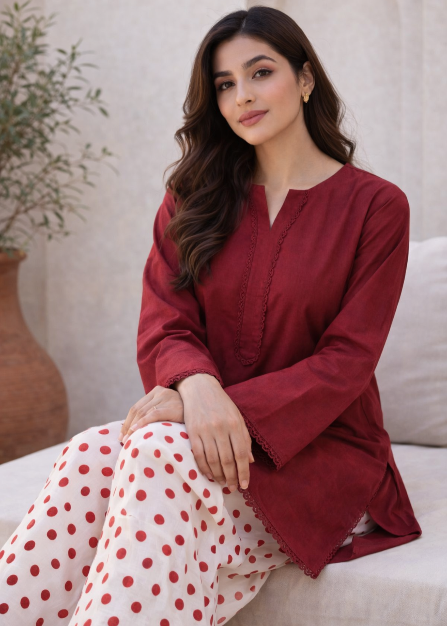 arabic lawn Kurta Set in White, maroon