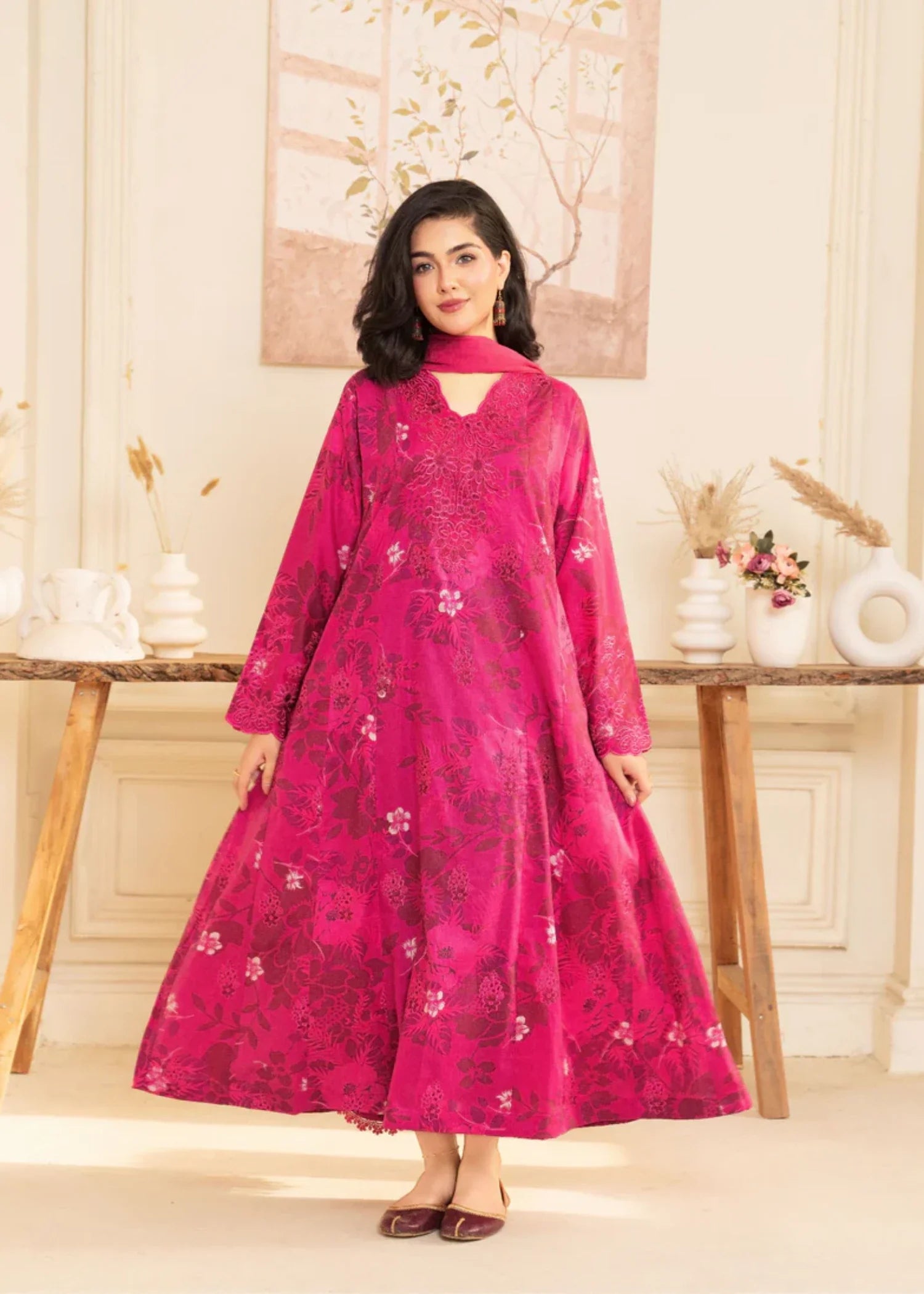 lawn cotton Pishwas in Shocking pink