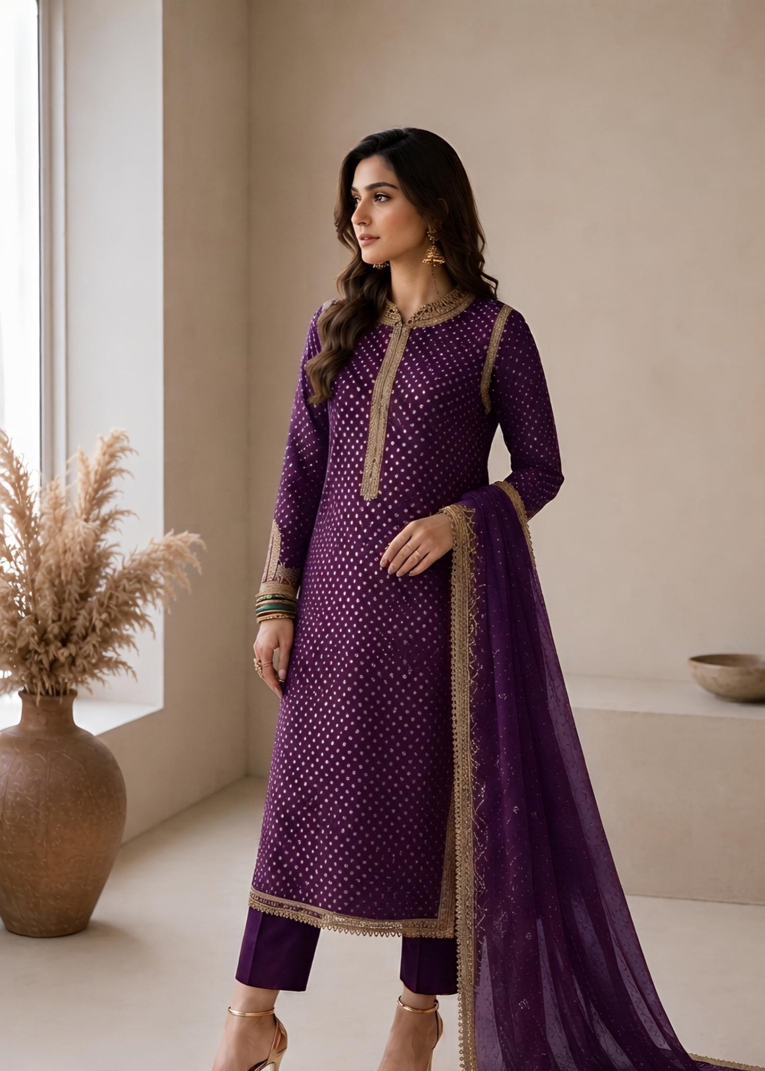 swiss lawn Kurta Set in Plum purple