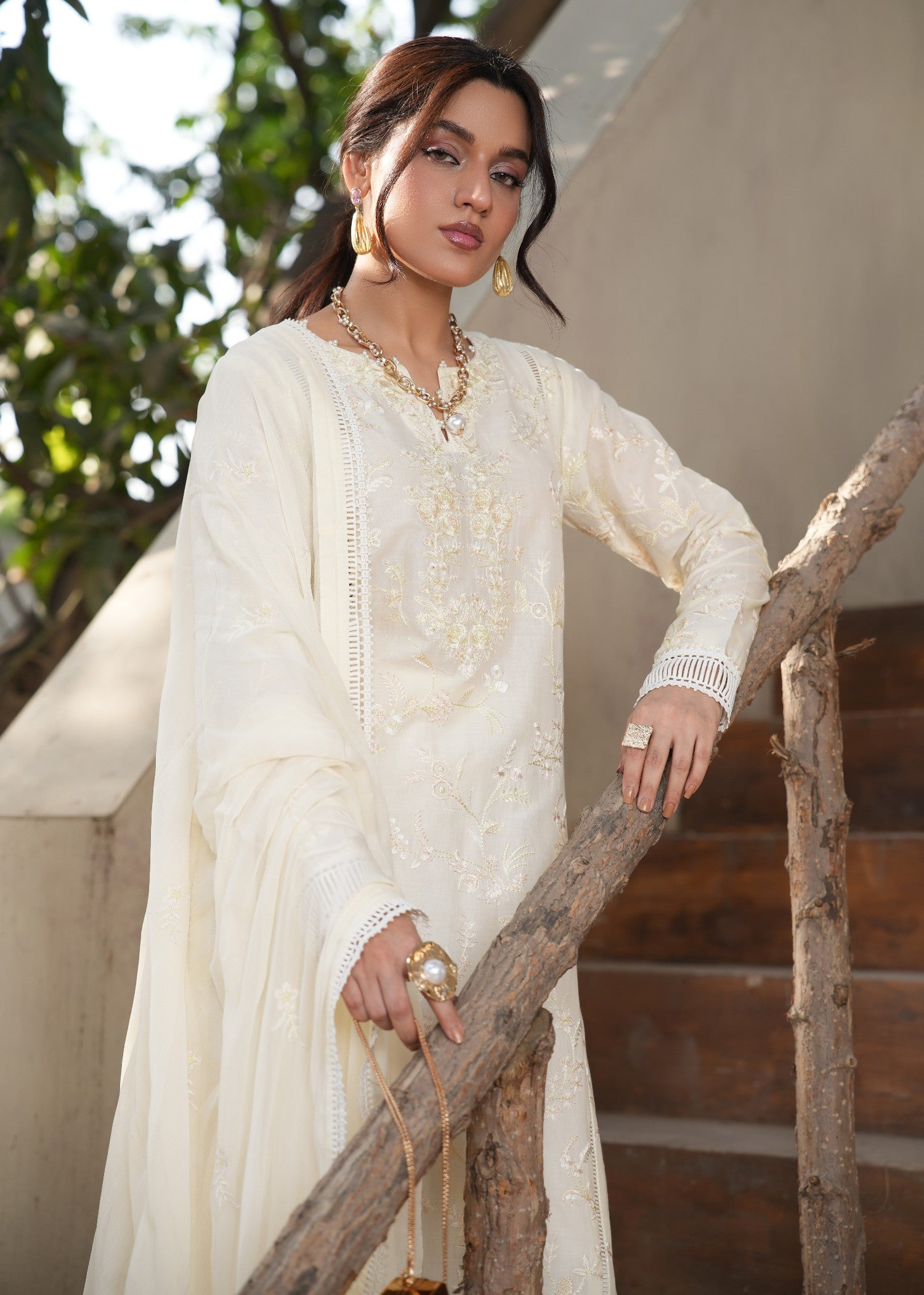 lawn Kurta Set in Off-white, goldfish orange