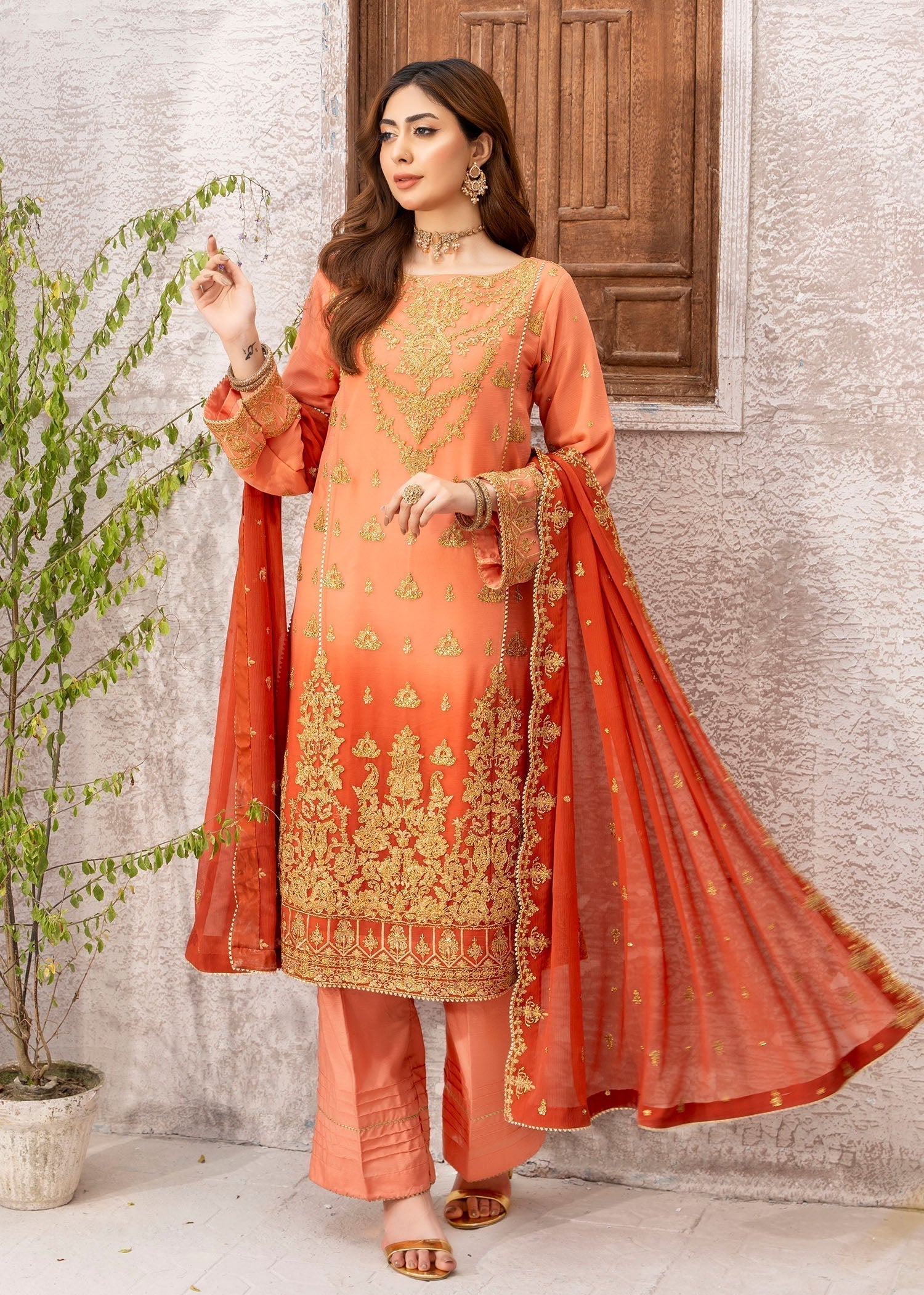 chiffon Kurta Set in Coral orange