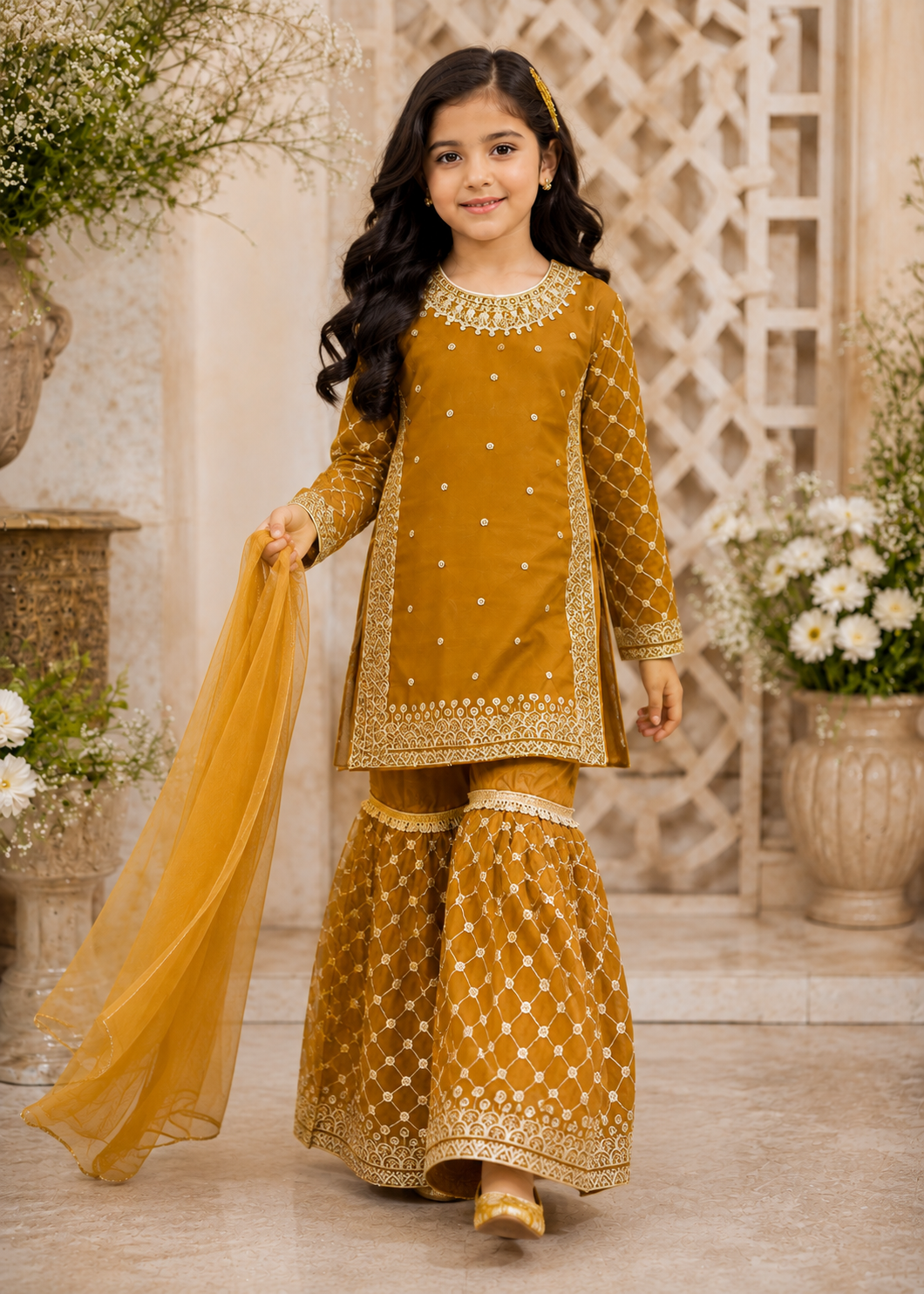 chiffon Gharara in Mustard