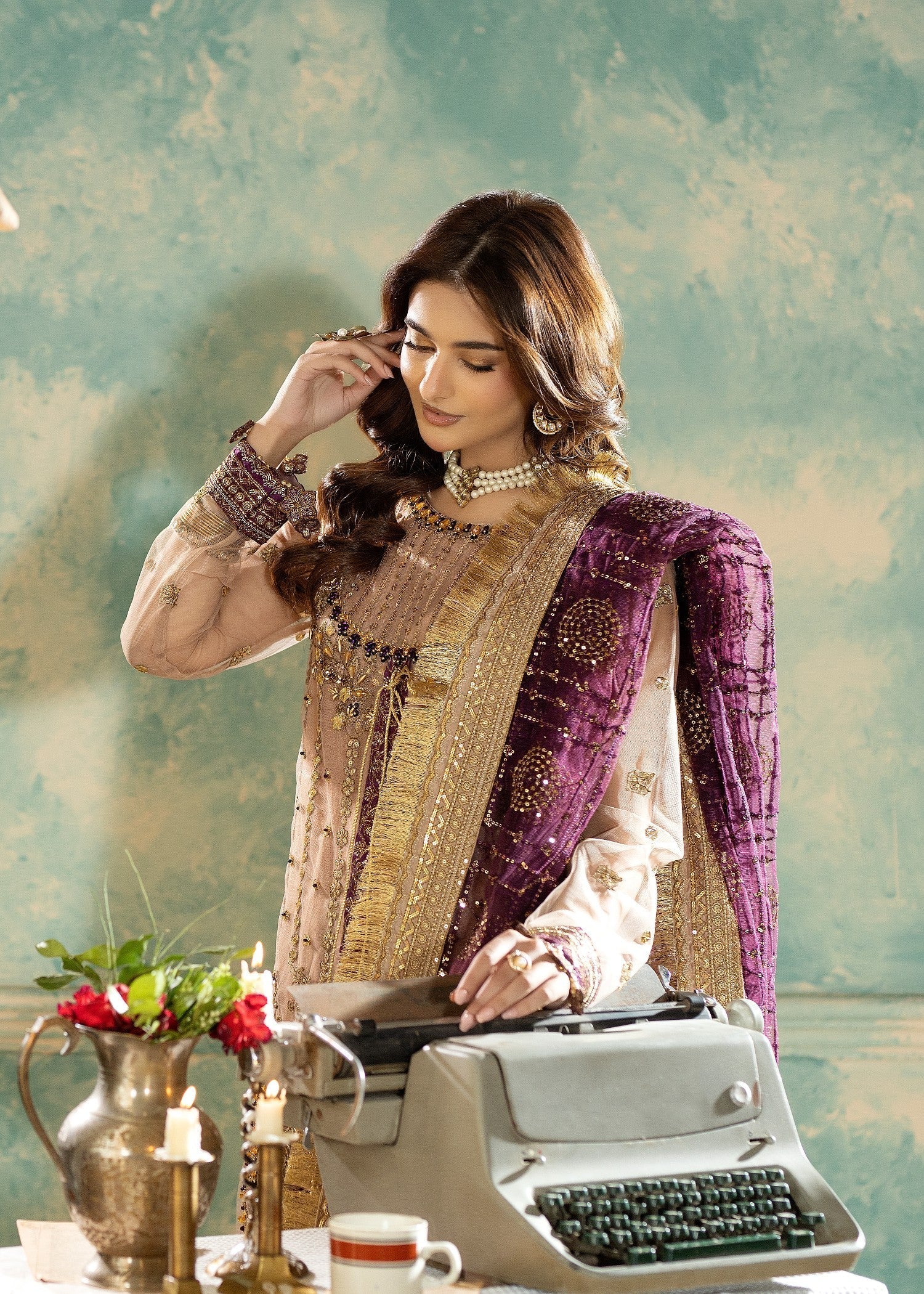 net Kurta Set in Peach pink
