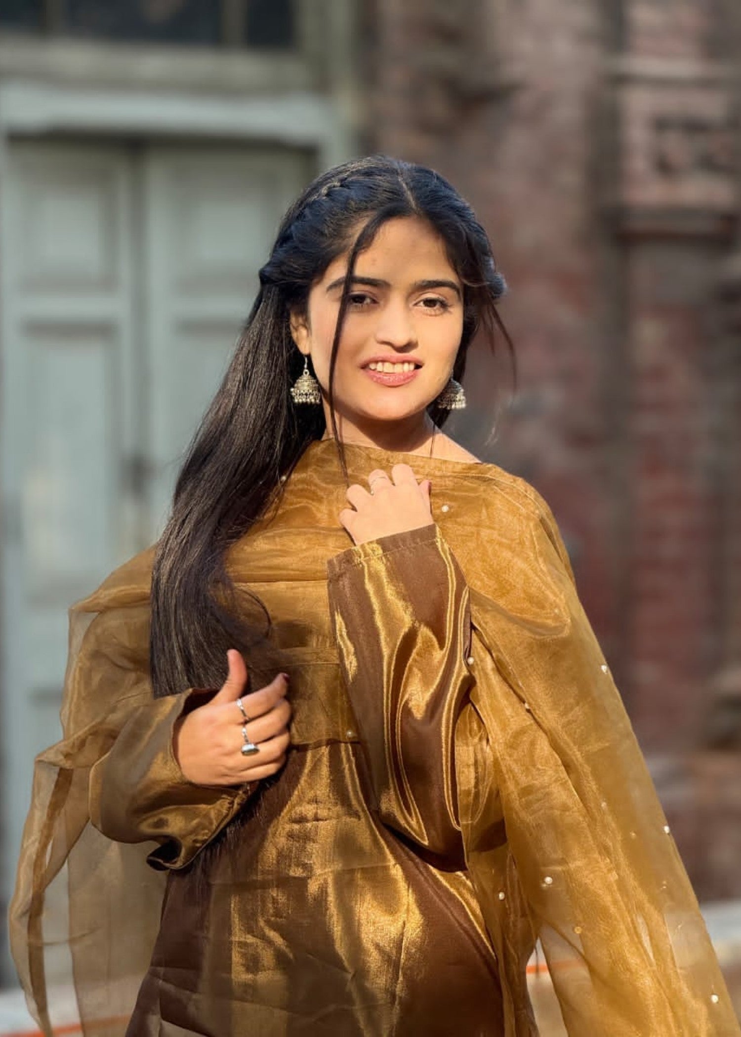 polyester-silk blend Sharara in Umber brown