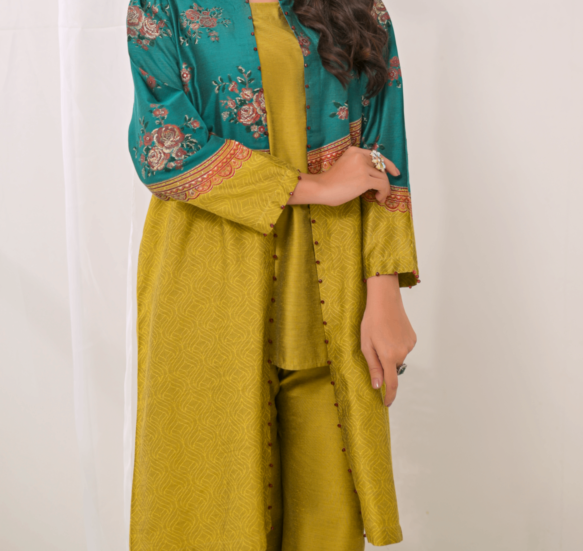 jacquard Gown in Goldenrod, parrot green