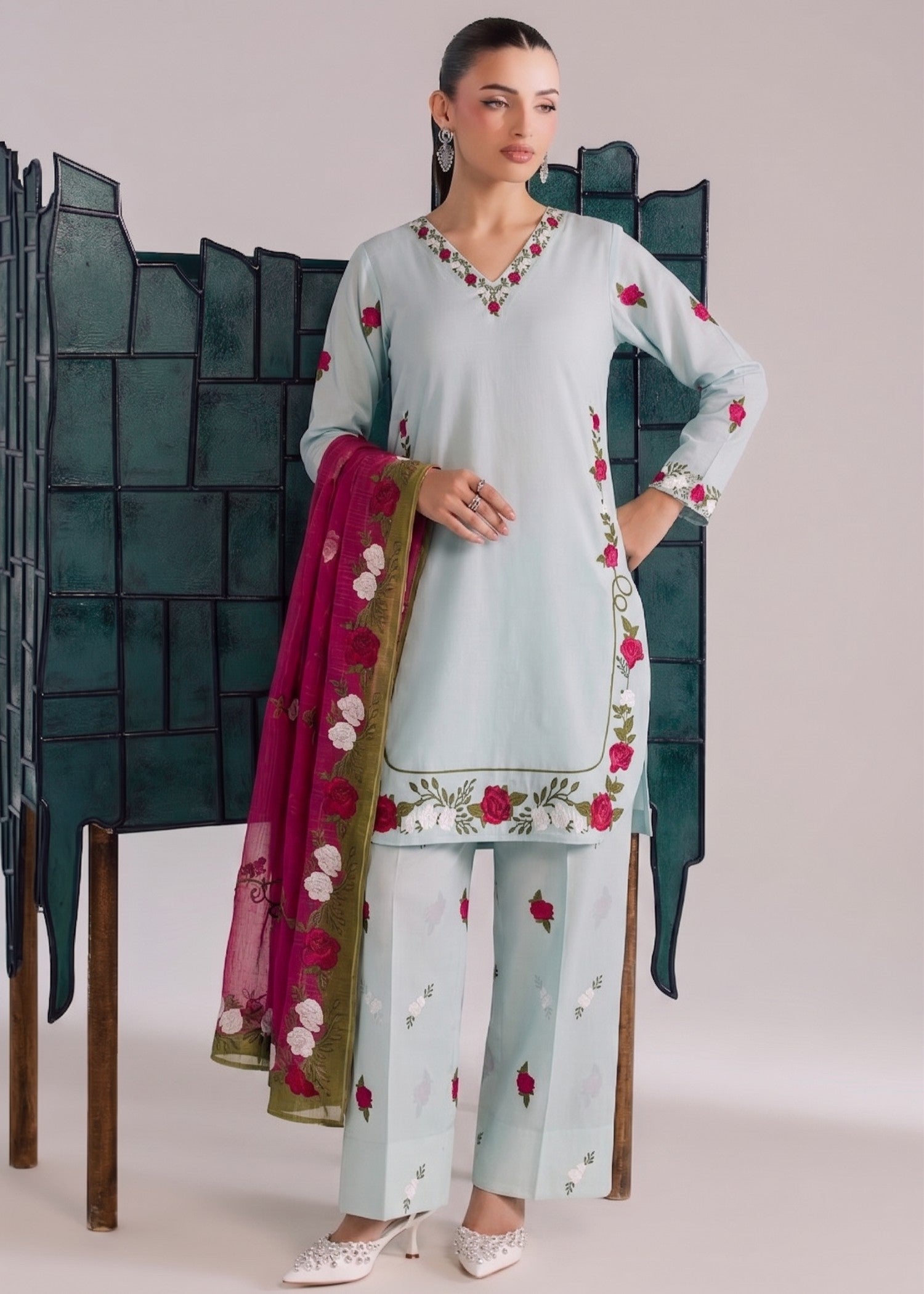 poly grip silk Kurta Set in Ice blue