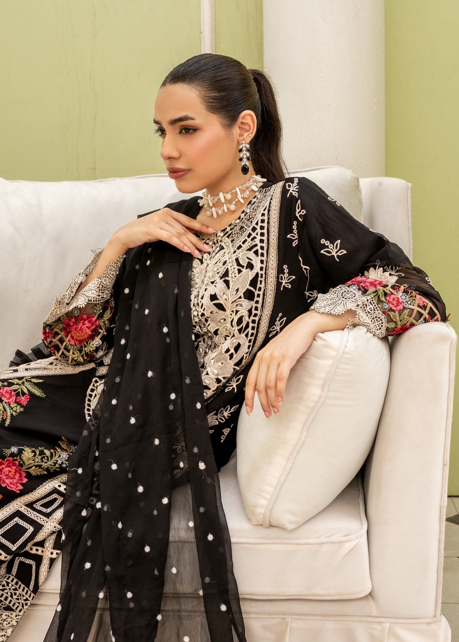 crinkle chiffon Kurta Set in Black