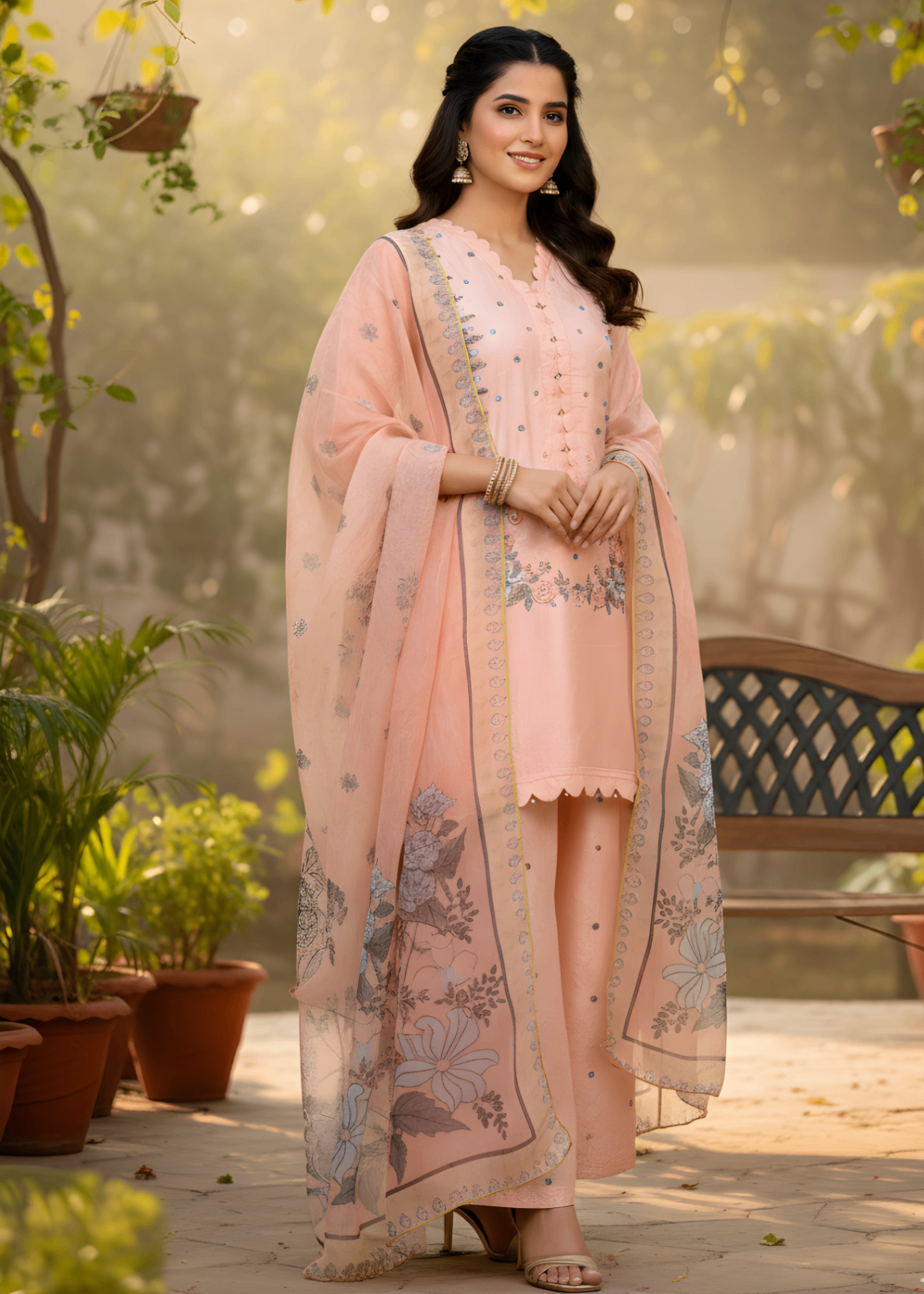 jacquard viscose Kurta Set in Peach pink