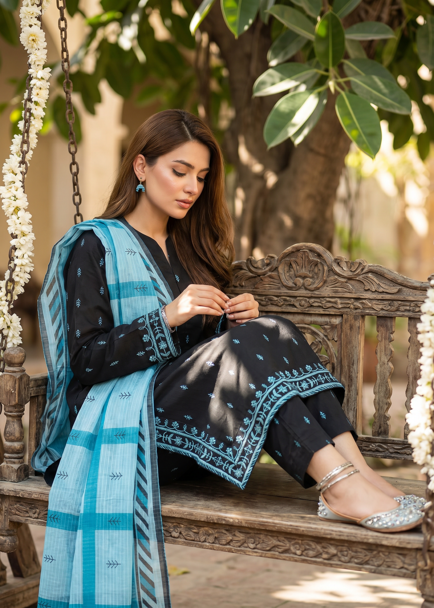 cotton Kurta Set in Black, sky blue