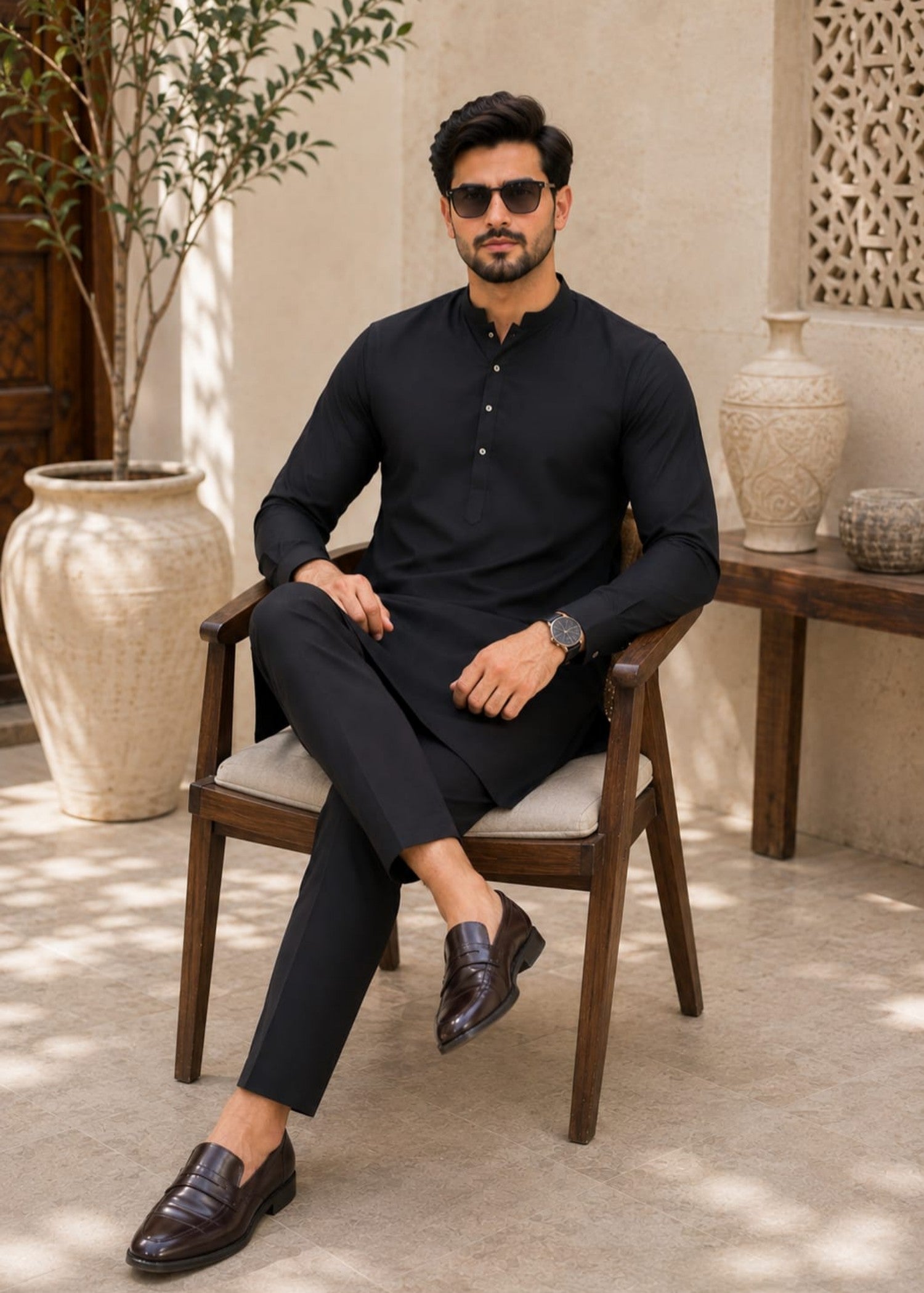 wash & wear Kurta Set in Black by Hassan Jee Men