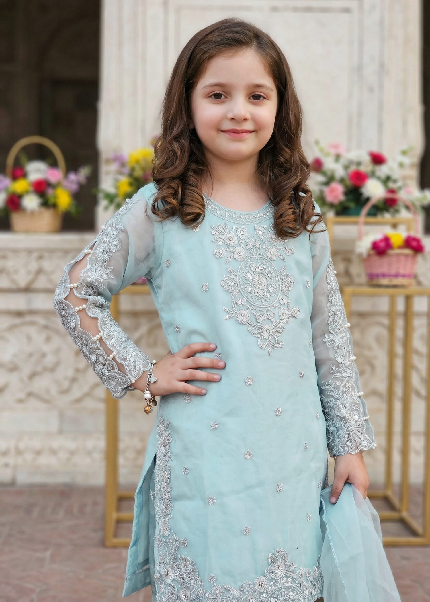 organza Kurta Set in Ice blue
