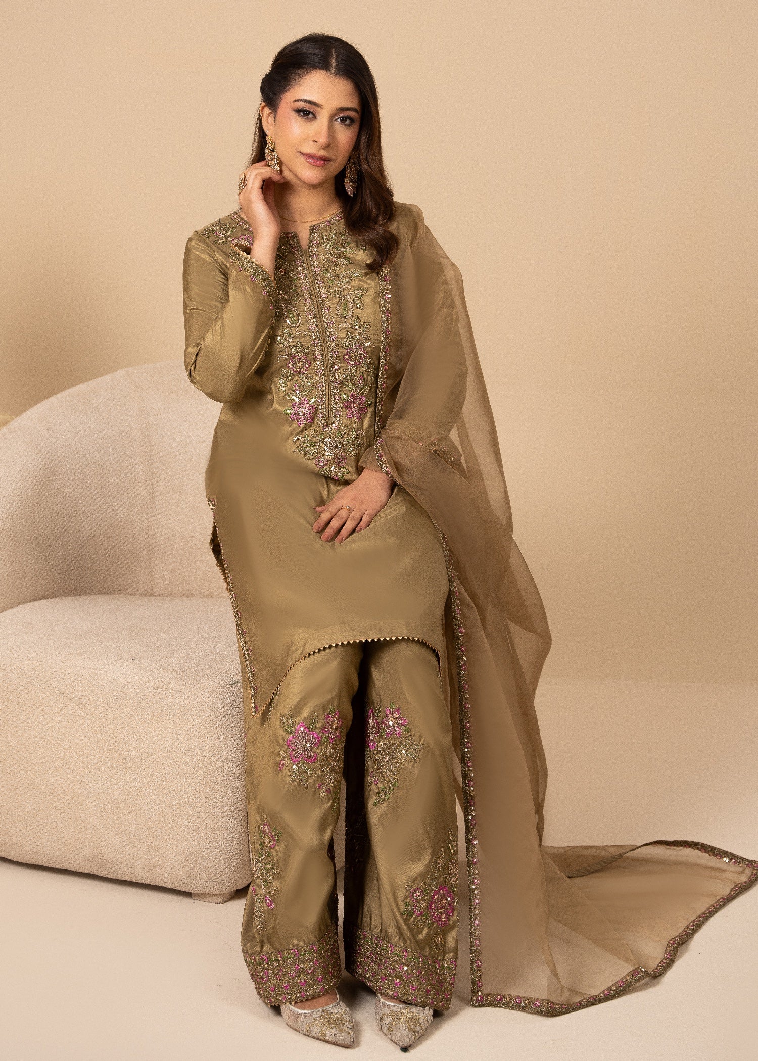 silk Kurta Set in Tan brown