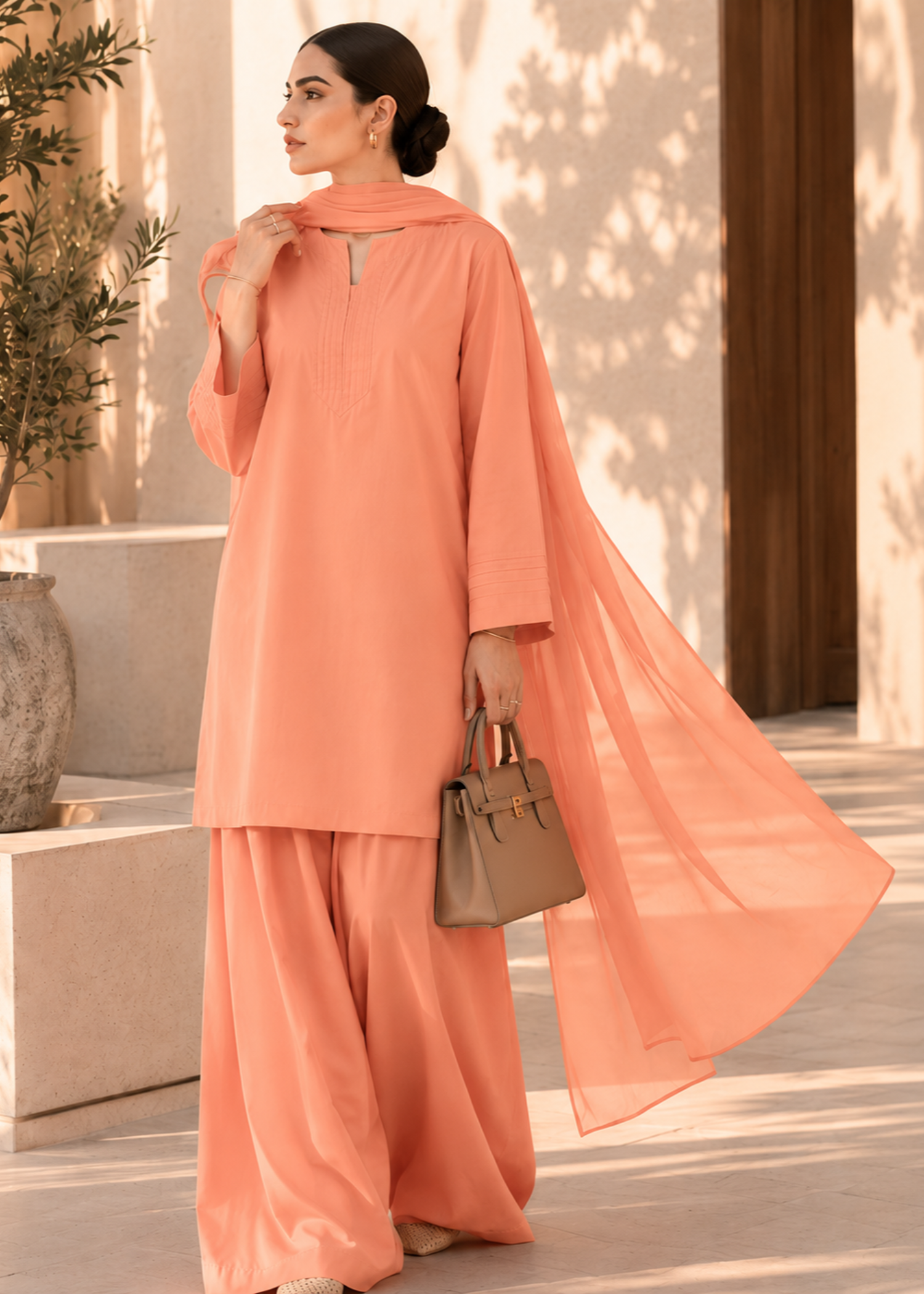 pure cotton Kurta Set in Apricot orange