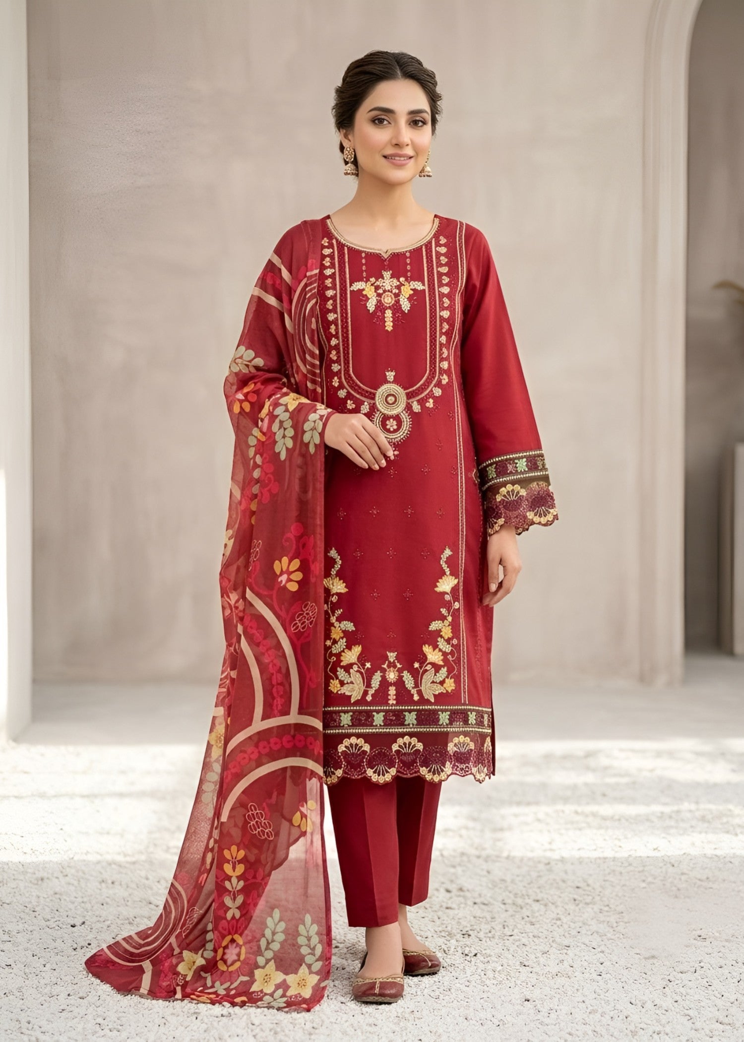 lawn Kurta Set in Burgundy