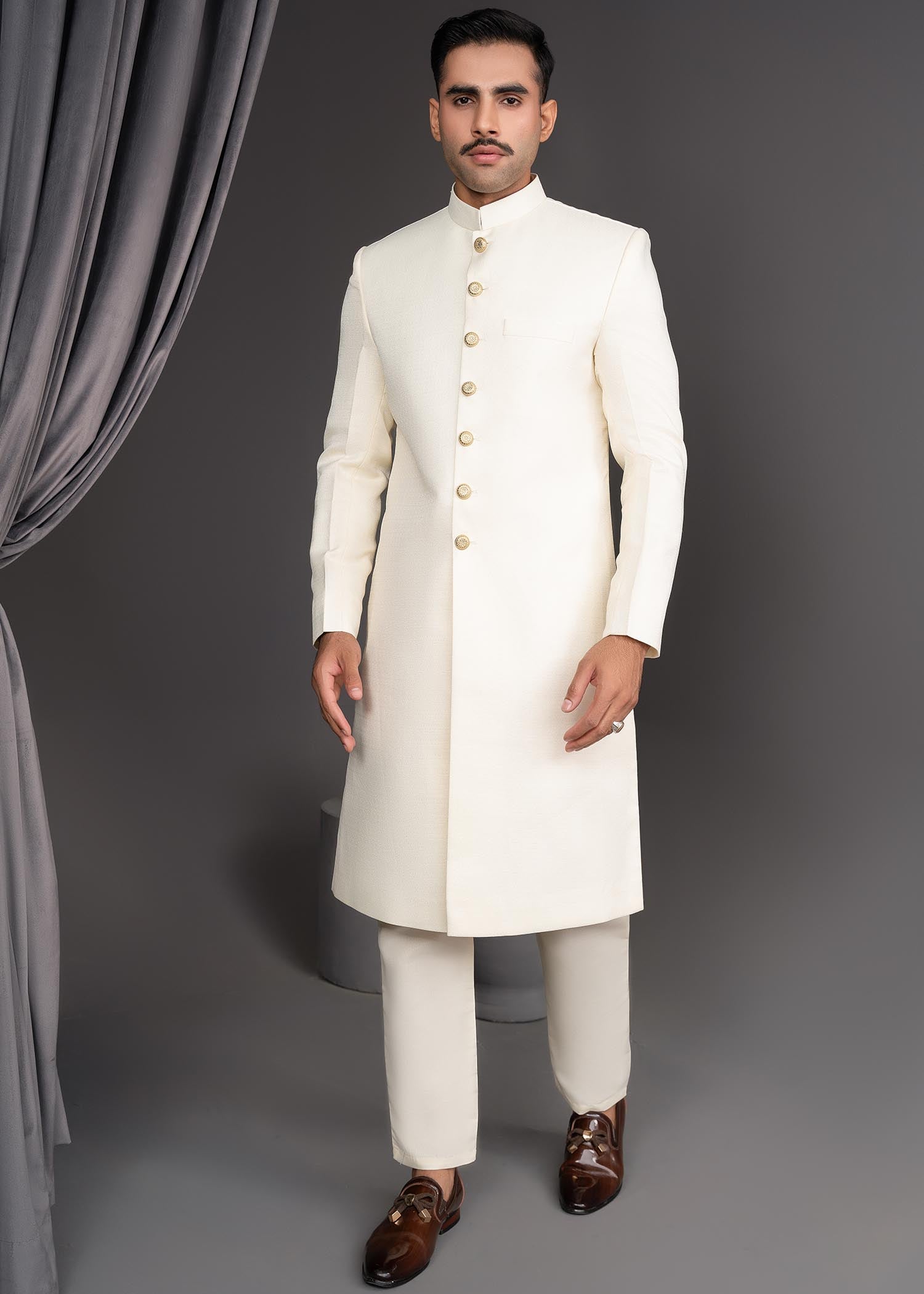 jamawar Sherwani in Ivory