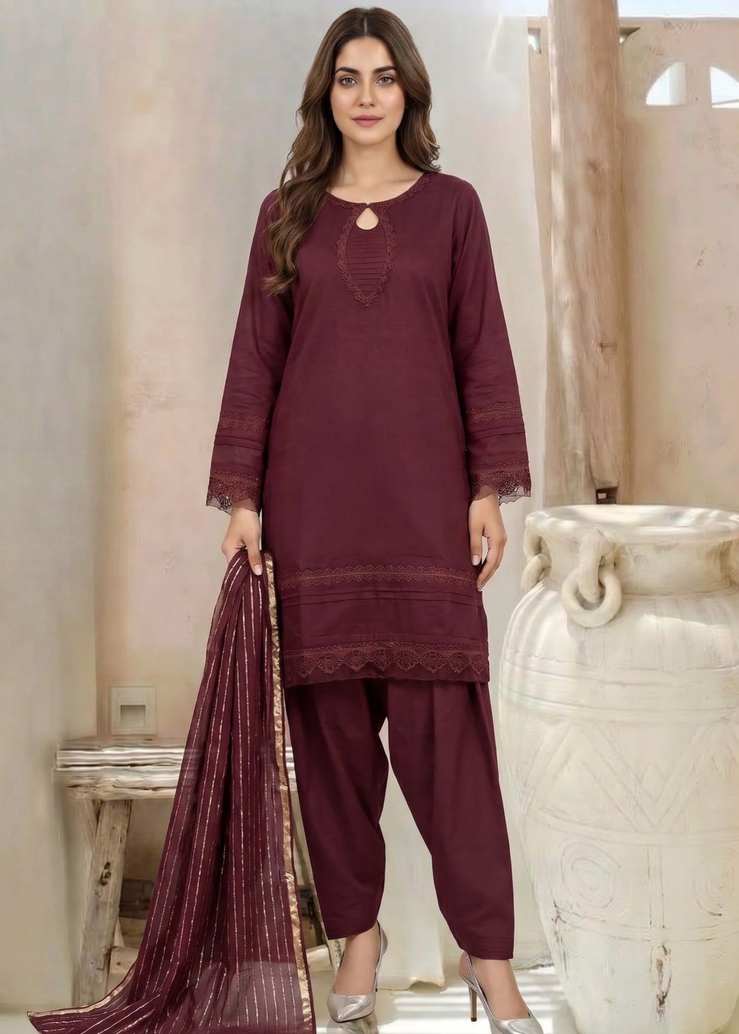 linen Kurta Set in Burgundy