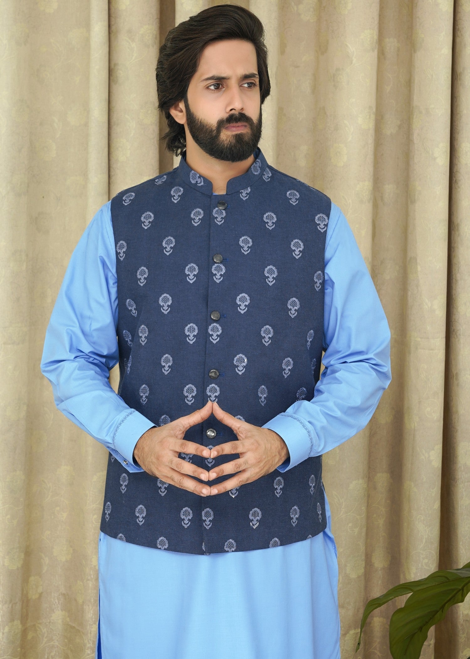tropical Waistcoat in Navy blue by Maqsood Garments