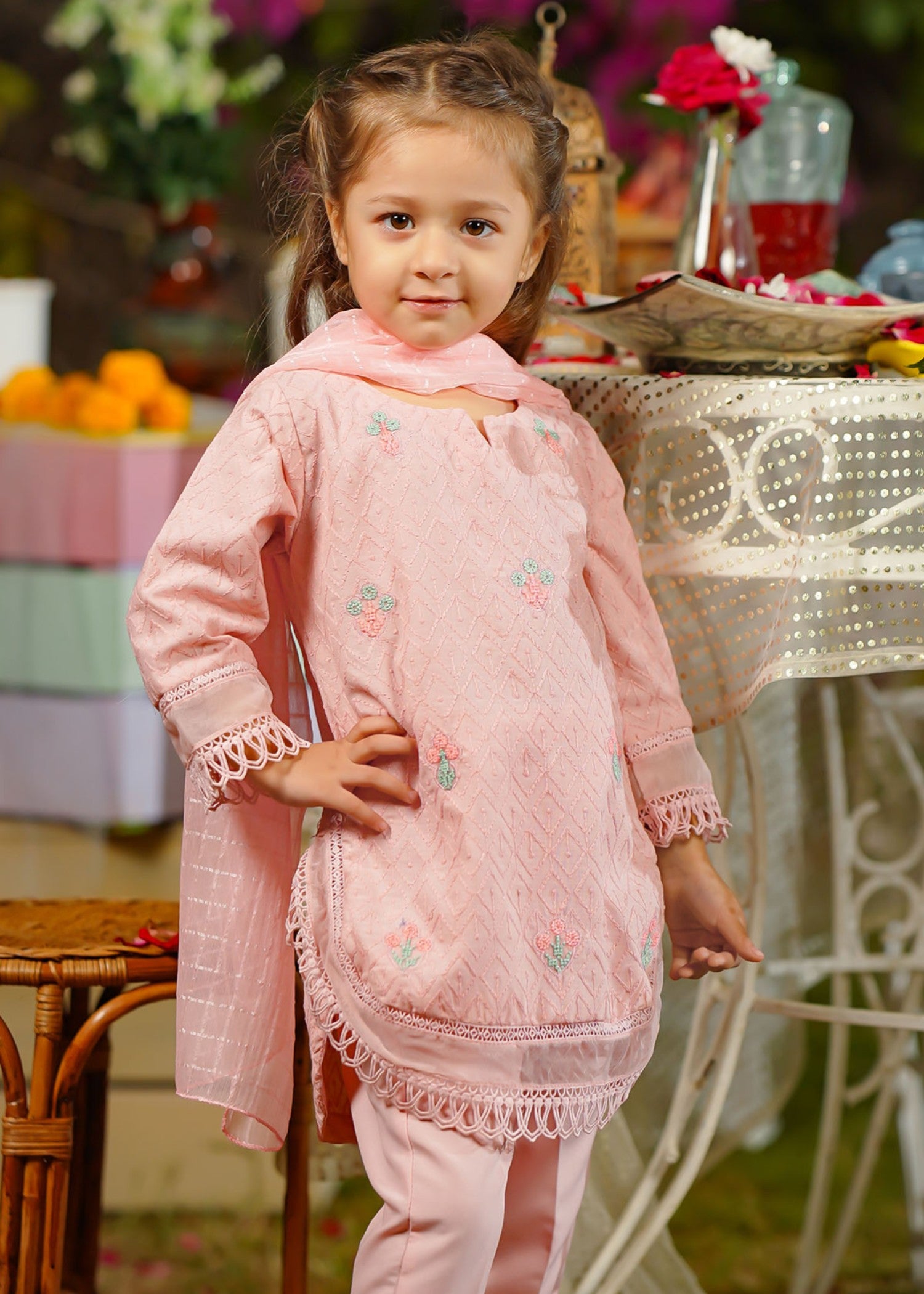 chikankari cotton Kurta Set in Tea rose pink