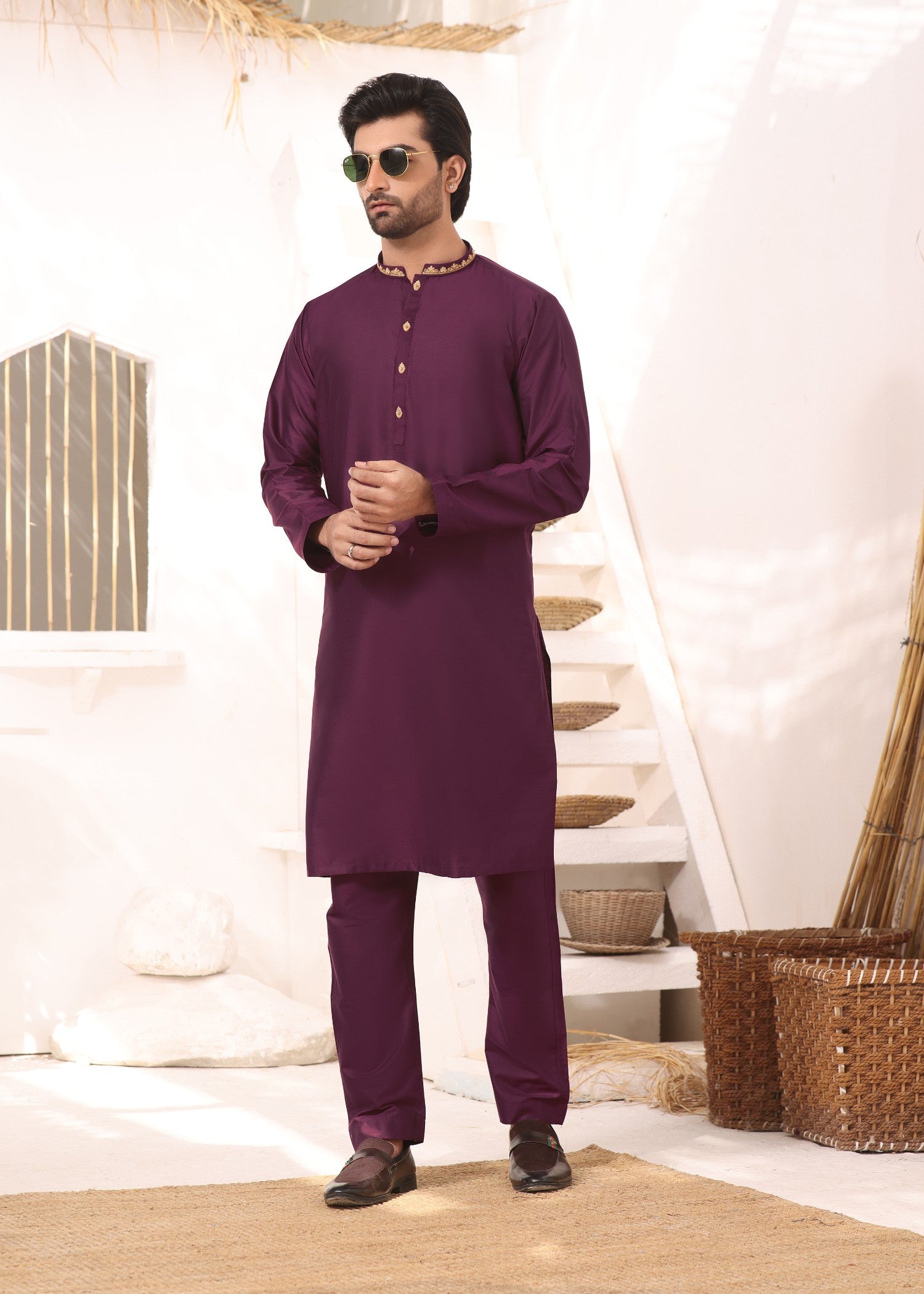 cotton silk Kurta Set in Burgundy